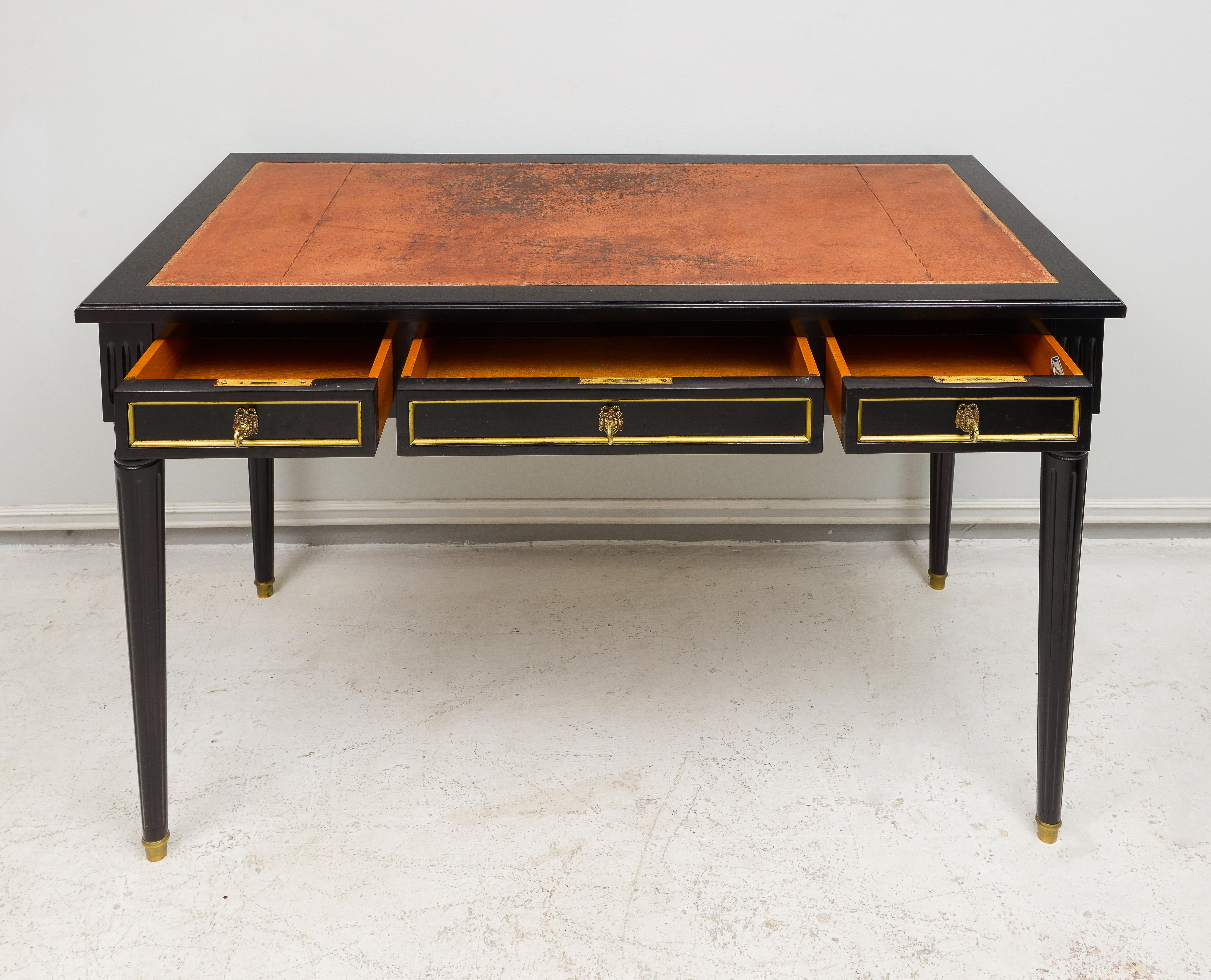 Mid-20th Century Maison-Jansen Attributed French Leather, Top Bureau Plat Desk  For Sale