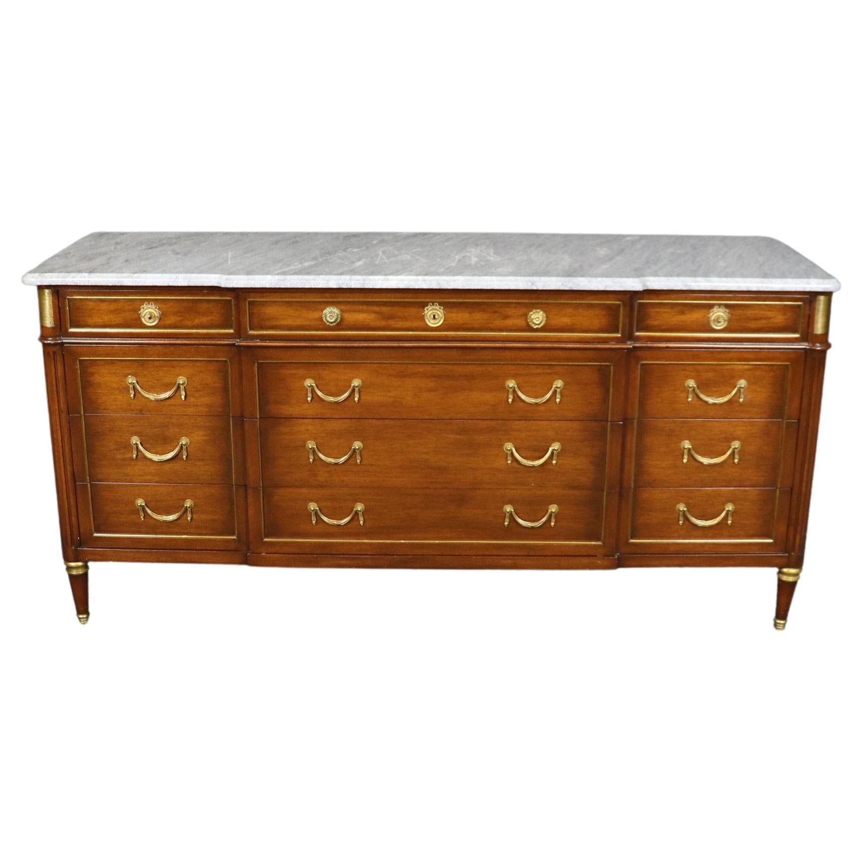Maison Jansen Attributed Gray Marble Top Brass and Bronze Adorned Triple Dresser