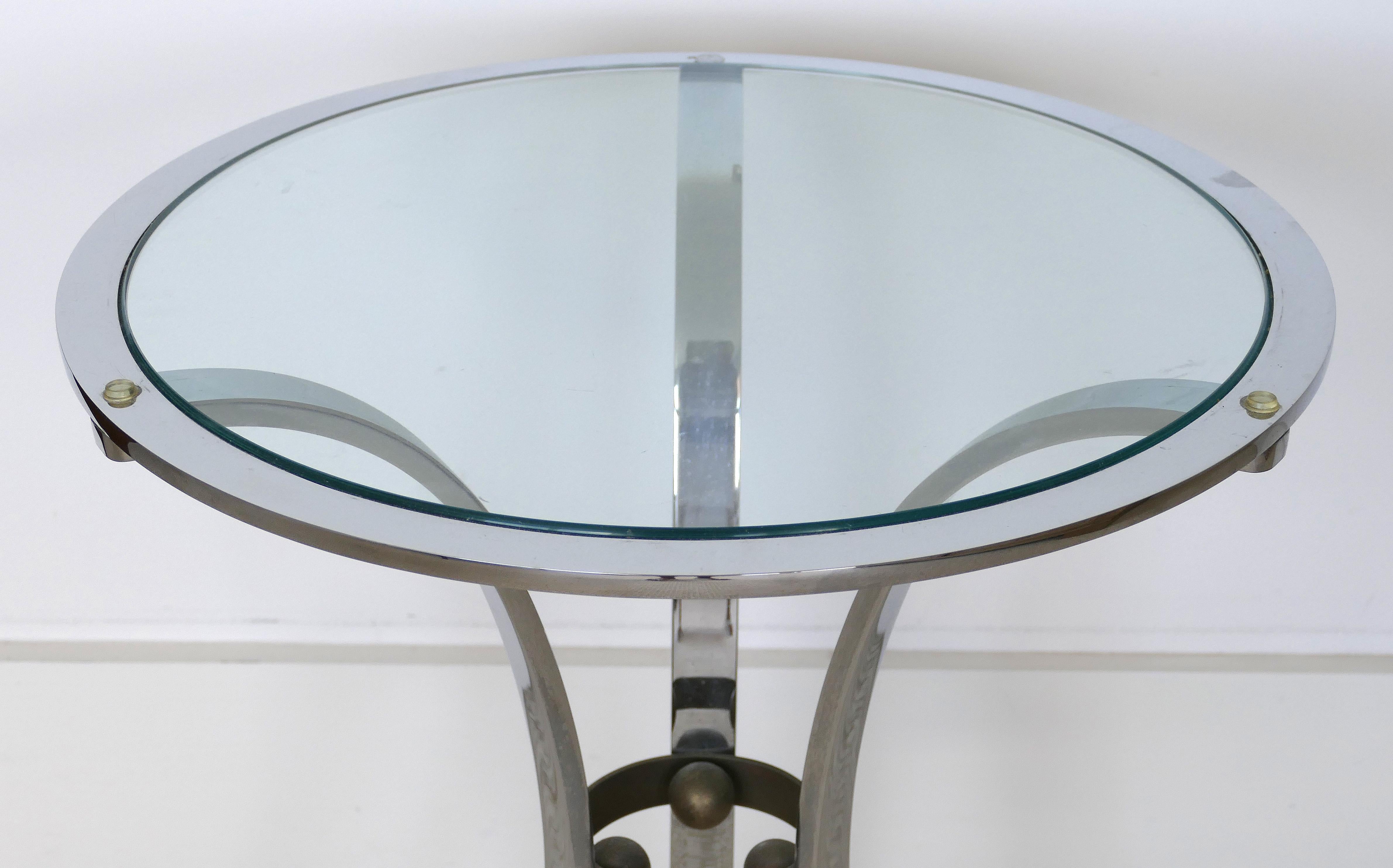 Mid-Century Modern Maison Jansen Attributed Gueridon Table in Stainless Steel & Bronze
