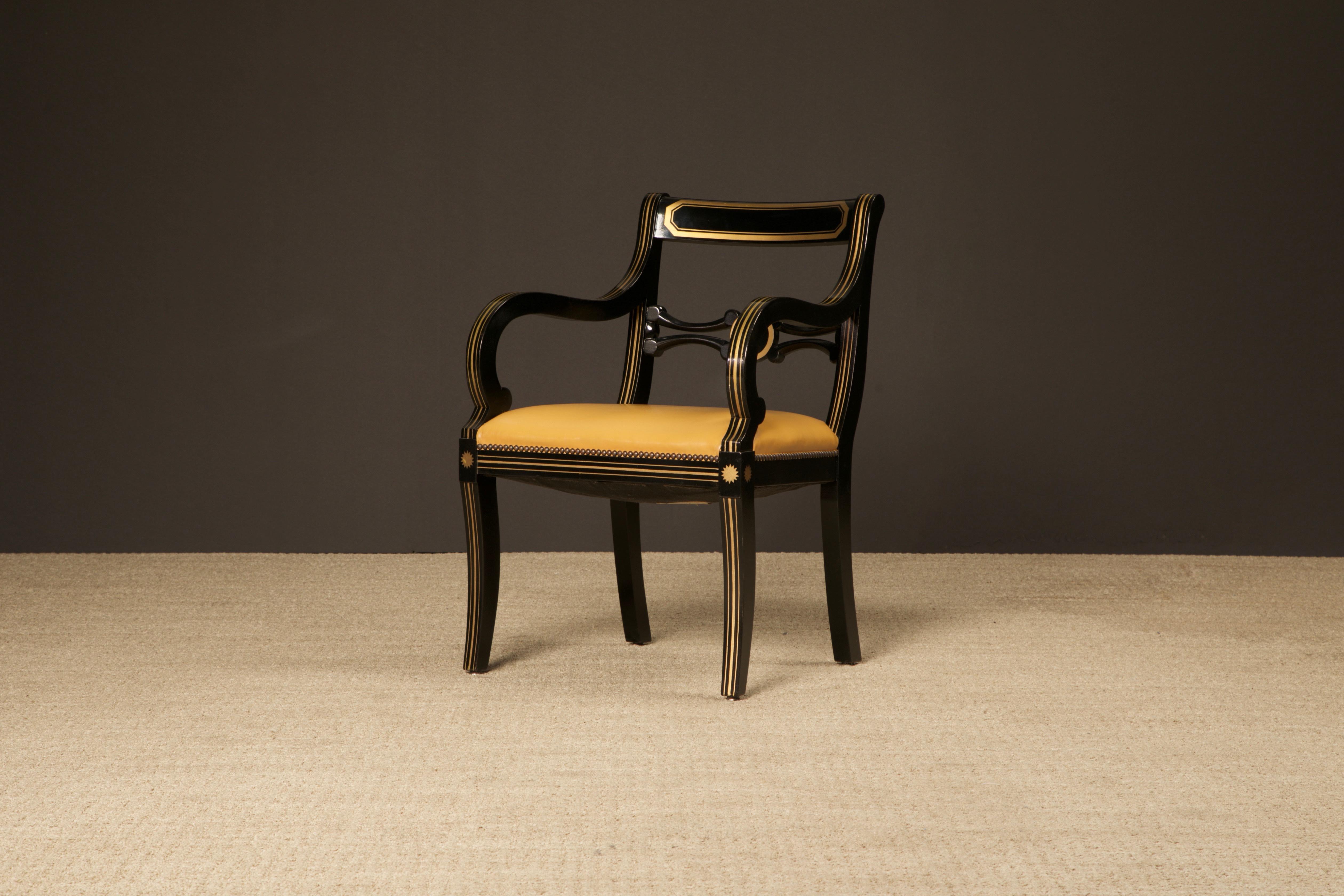 Maison Jansen Attributed Leather and Gilt Regency Armchairs, Restored, c. 1940s For Sale 8
