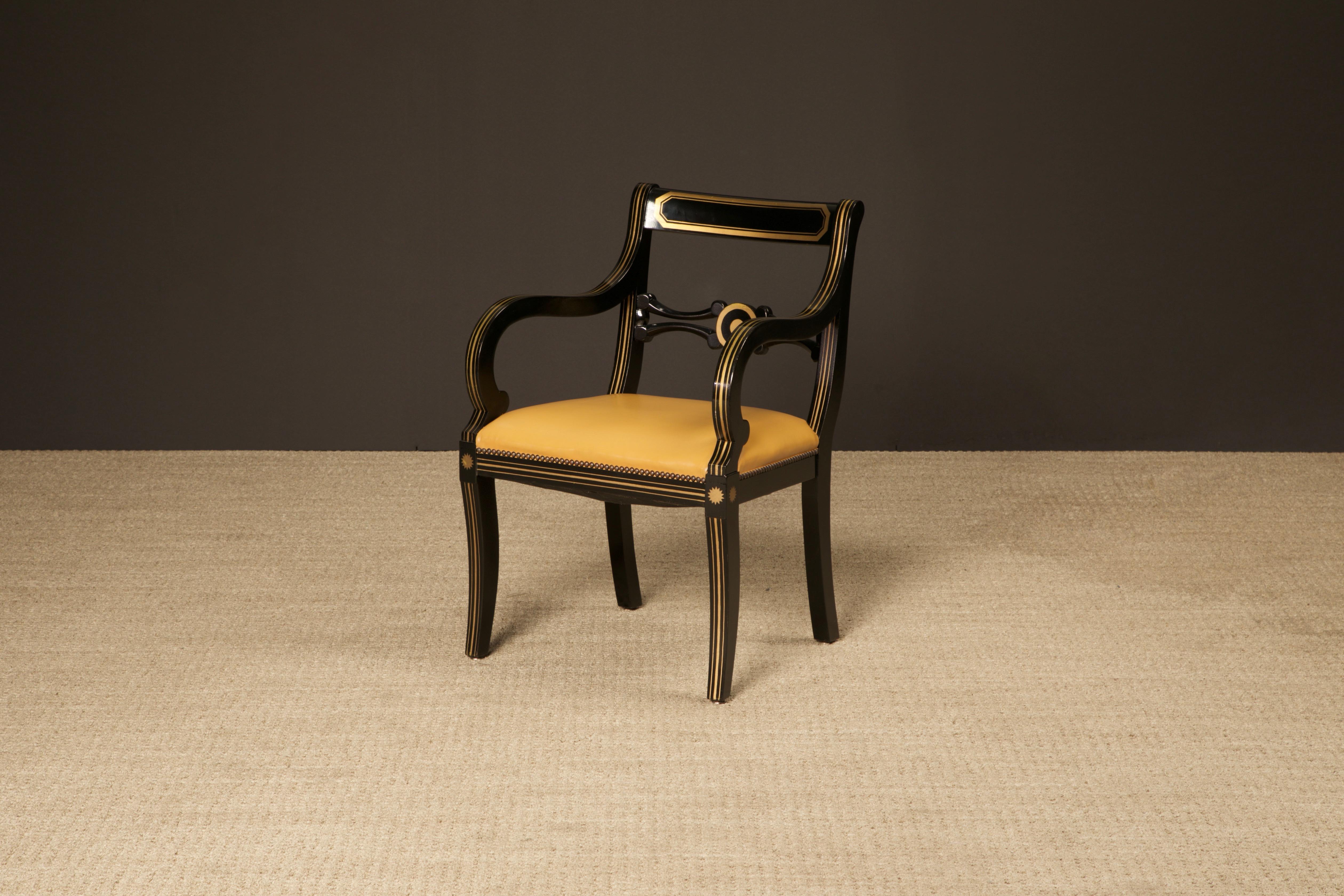 Maison Jansen Attributed Leather and Gilt Regency Armchairs, Restored, c. 1940s For Sale 9