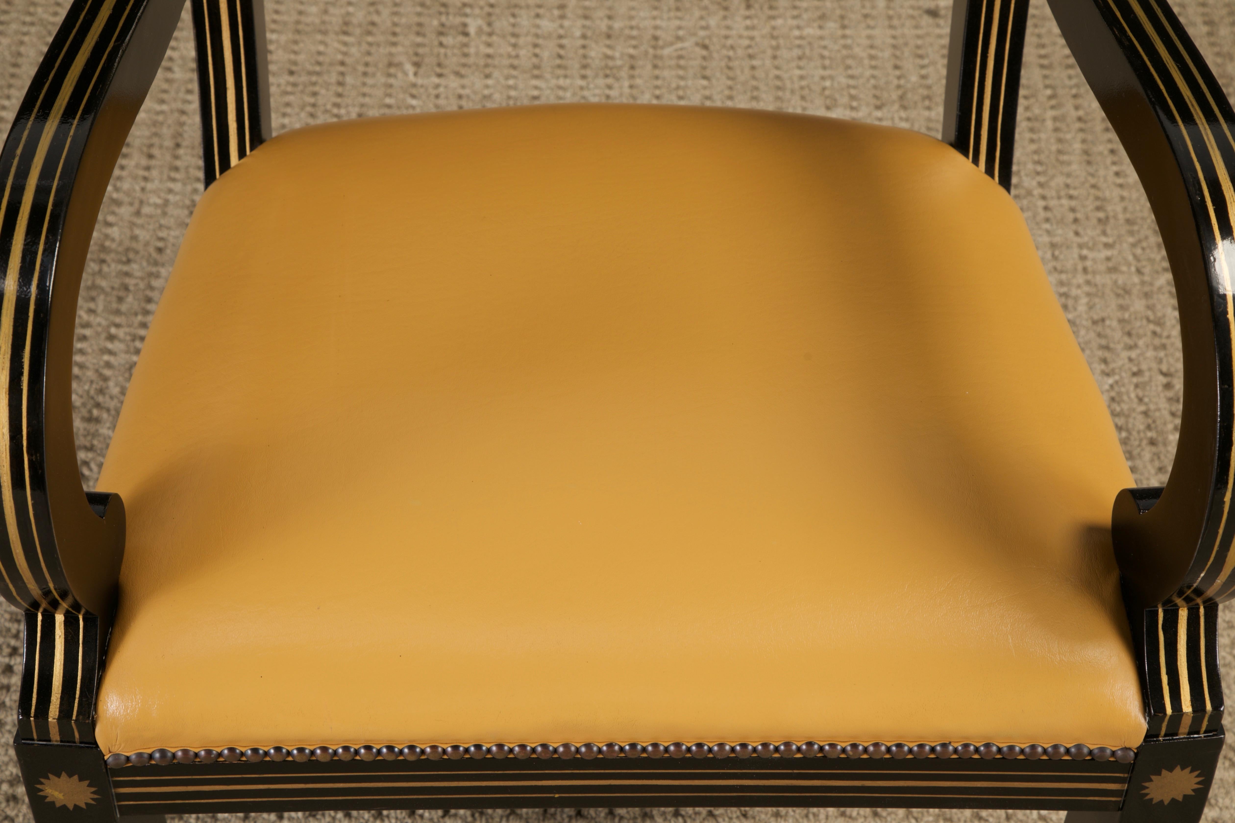 Maison Jansen Attributed Leather and Gilt Regency Armchairs, Restored, c. 1940s For Sale 11