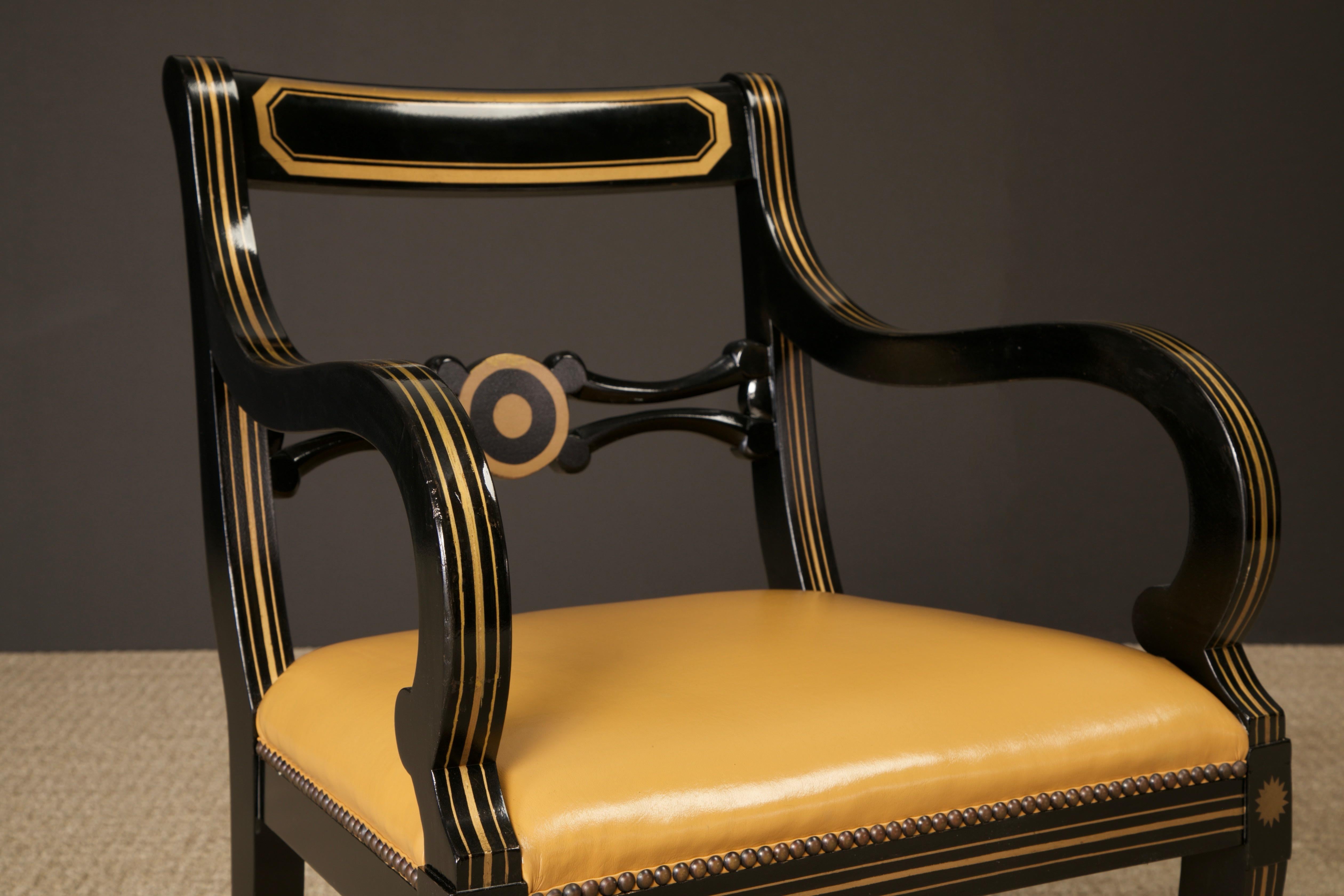 Maison Jansen Attributed Leather and Gilt Regency Armchairs, Restored, c. 1940s For Sale 12