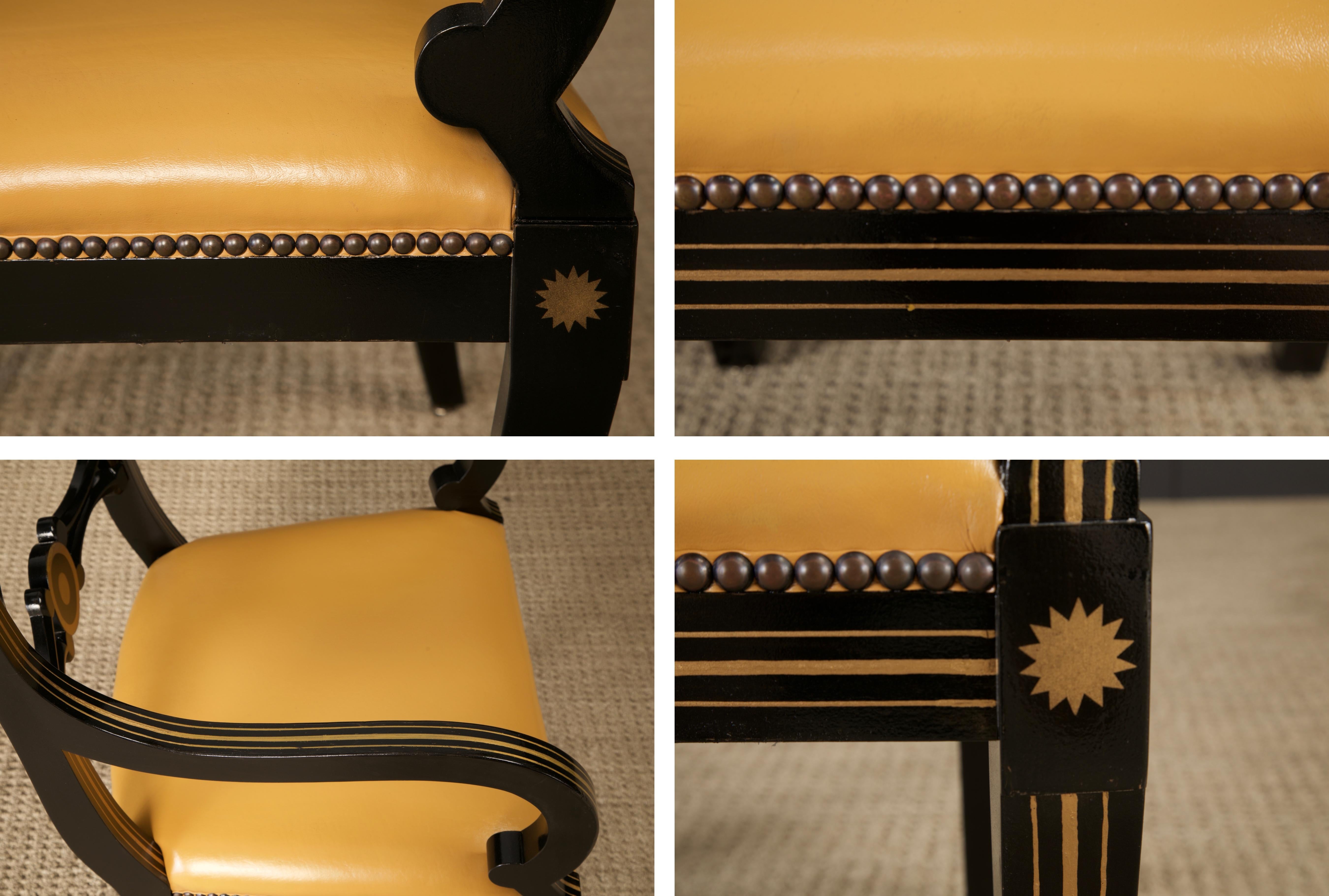 Maison Jansen Attributed Leather and Gilt Regency Armchairs, Restored, c. 1940s For Sale 14