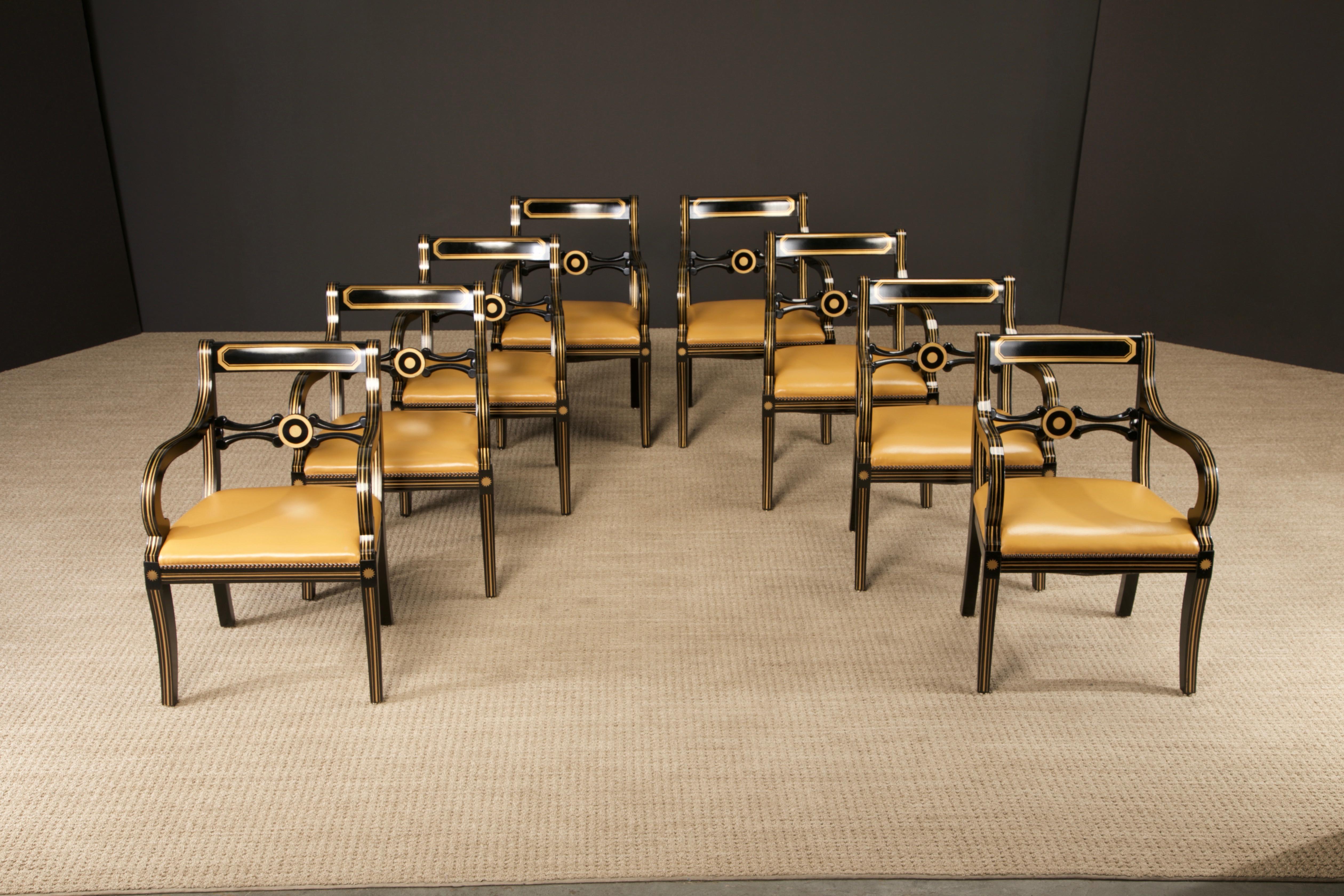 American Maison Jansen Attributed Leather and Gilt Regency Armchairs, Restored, c. 1940s For Sale