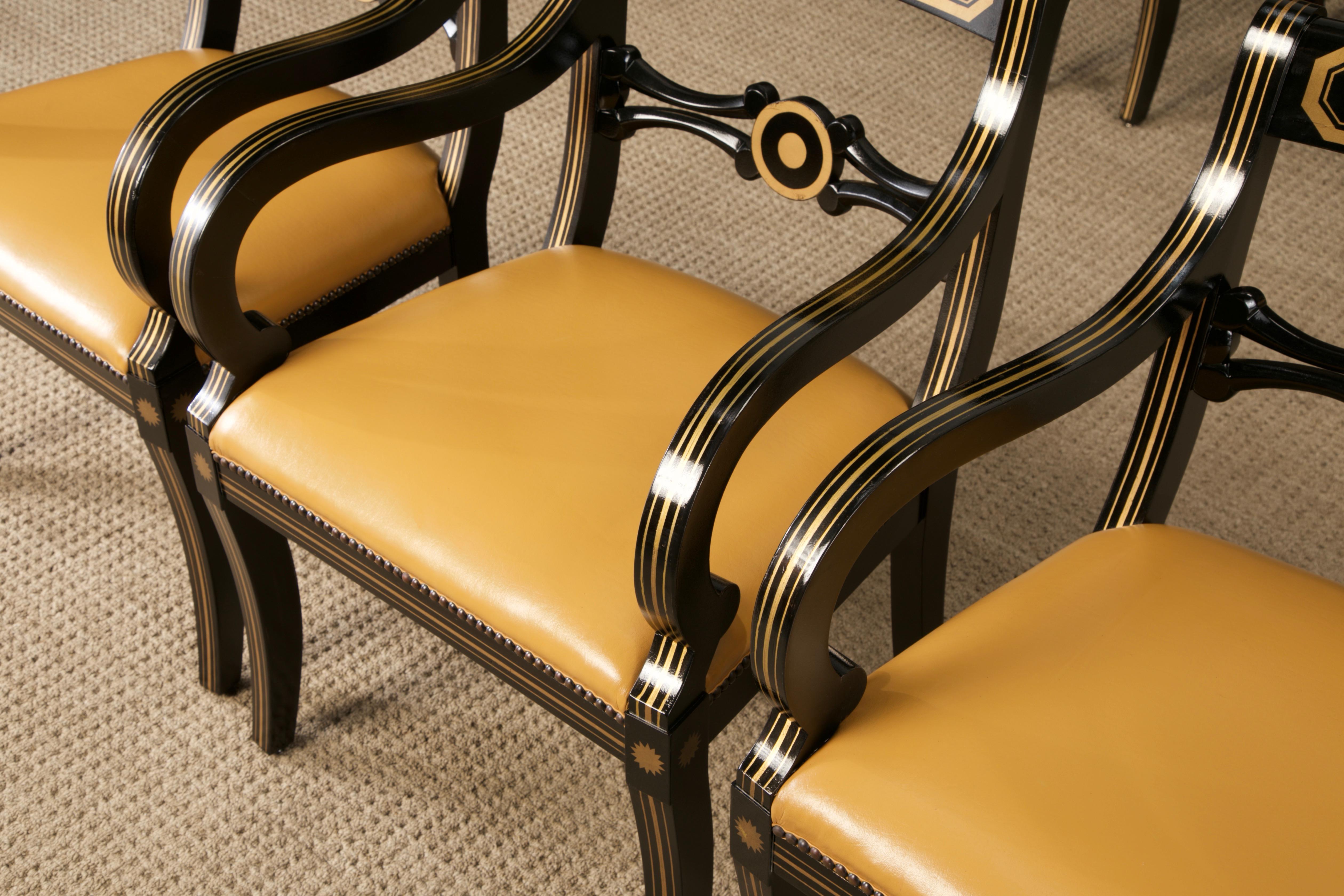 Mid-20th Century Maison Jansen Attributed Leather and Gilt Regency Armchairs, Restored, c. 1940s For Sale