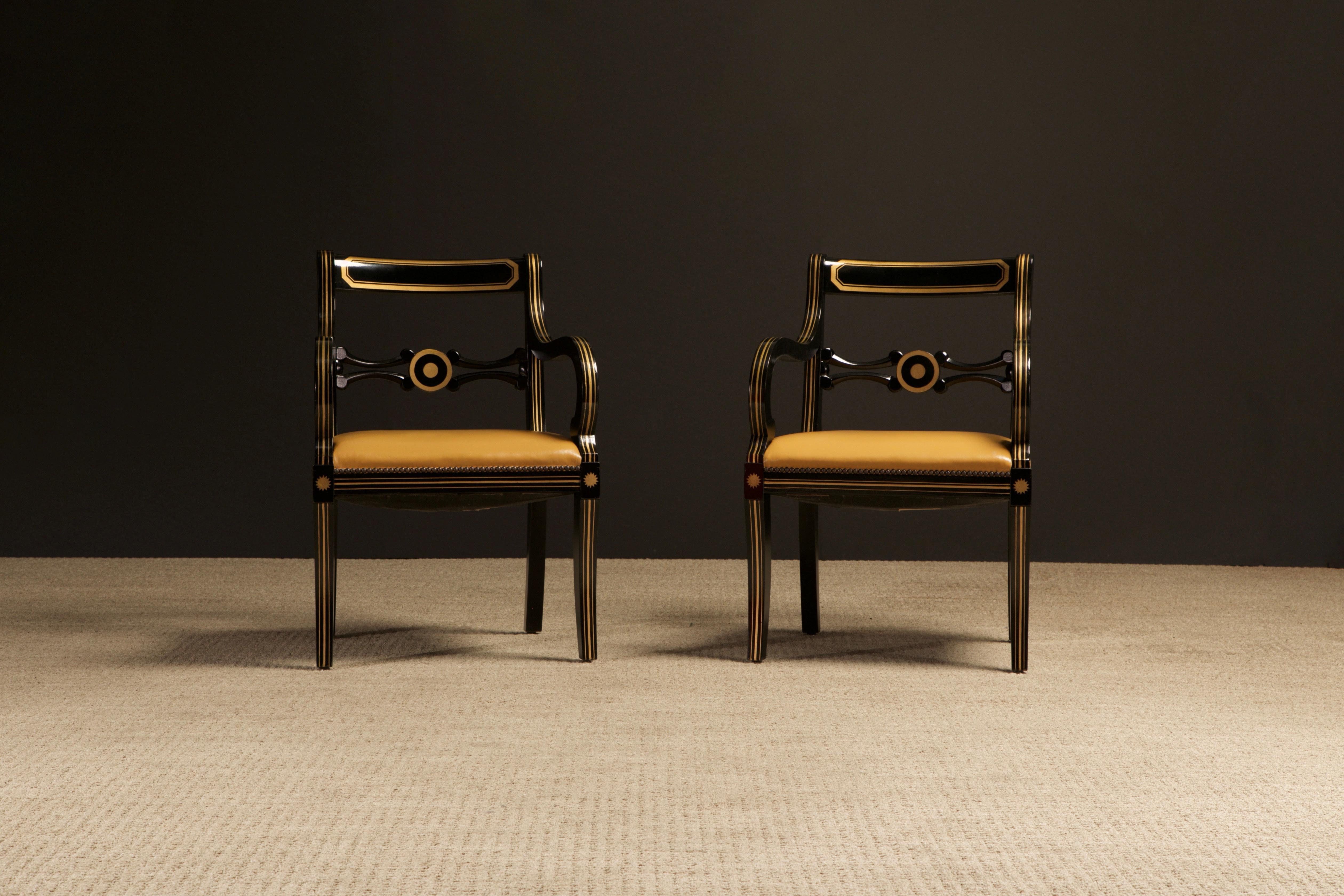 Maison Jansen Attributed Leather and Gilt Regency Armchairs, Restored, c. 1940s For Sale 1