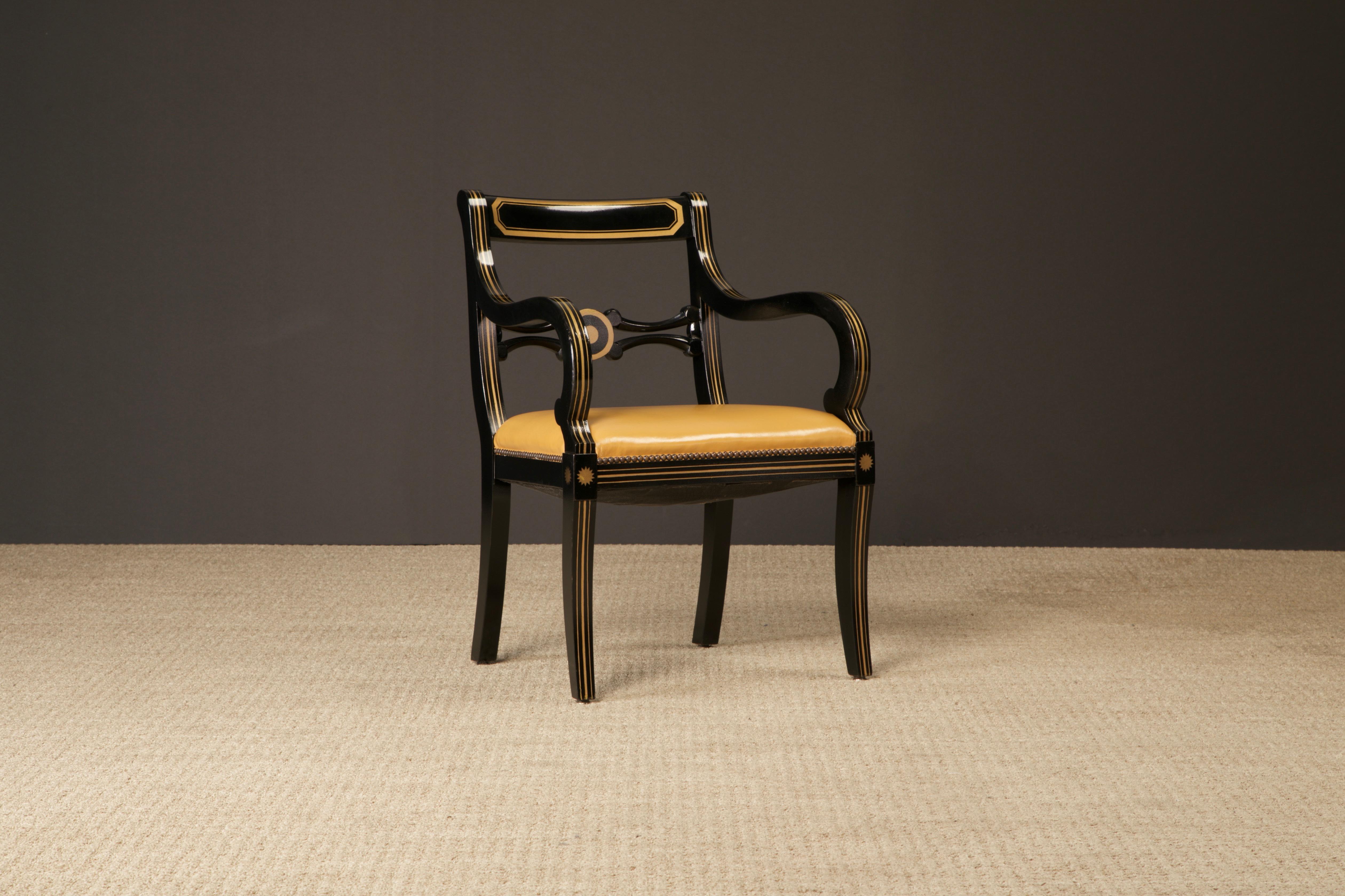 Maison Jansen Attributed Leather and Gilt Regency Armchairs, Restored, c. 1940s For Sale 3