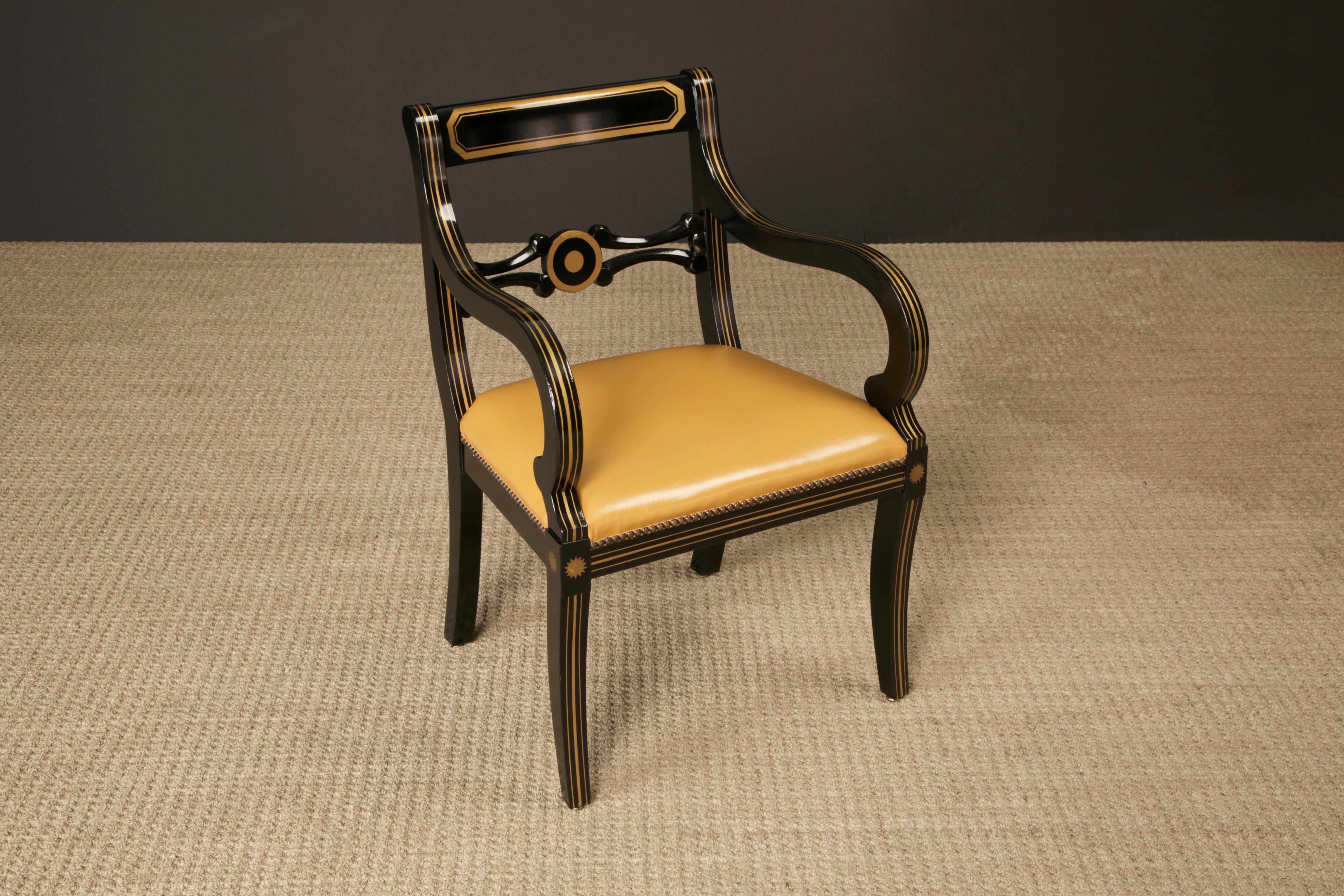 Maison Jansen Attributed Leather and Gilt Regency Armchairs, Restored, c. 1940s For Sale 4