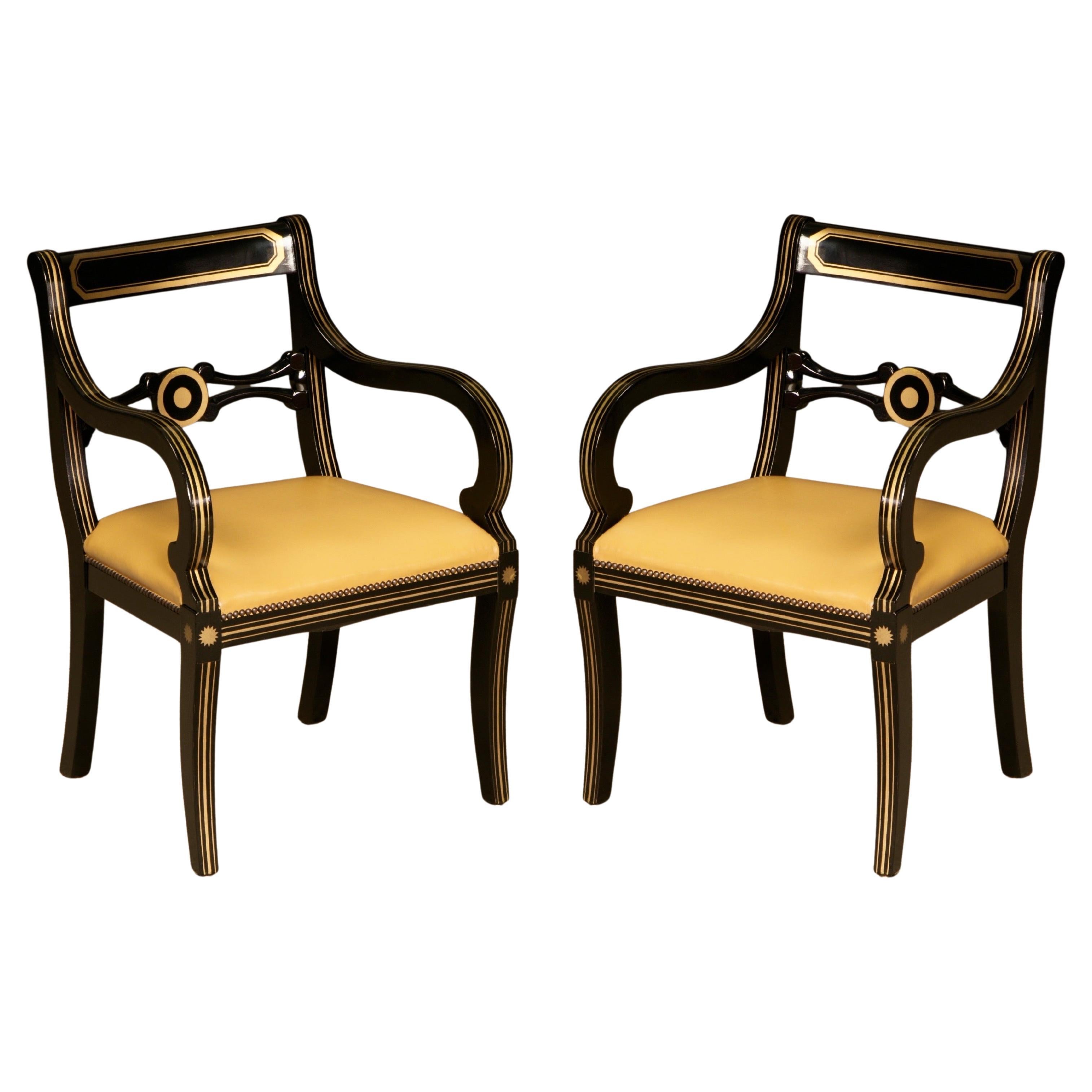 Maison Jansen Attributed Leather and Gilt Regency Armchairs, Restored, c. 1940s