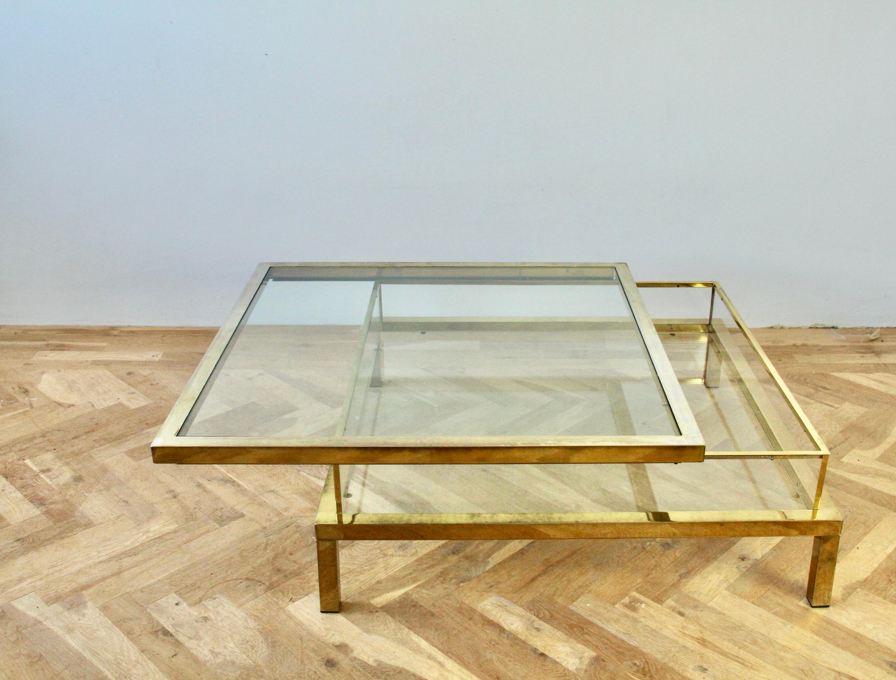 Plated Maison Jansen Attributed Large Midcentury Brass Vitrine Sliding Top Coffee Table For Sale