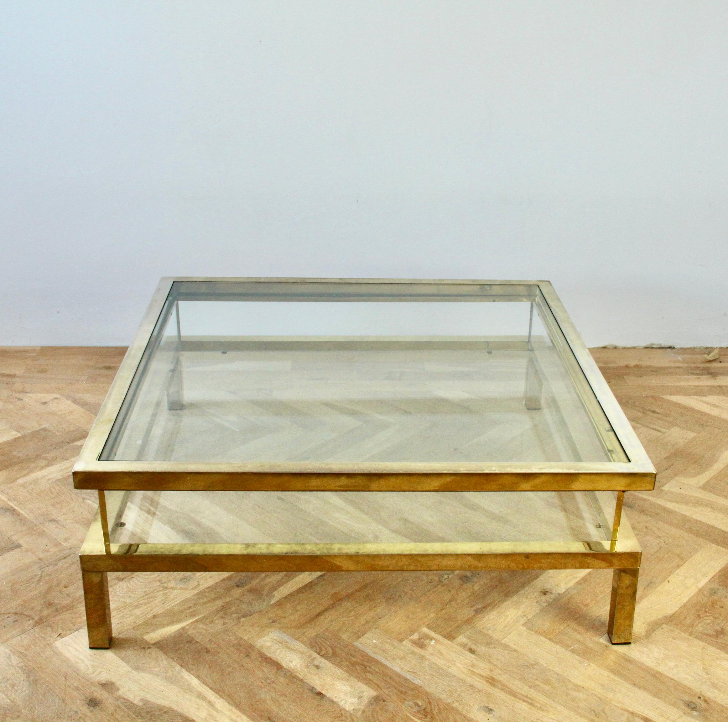20th Century Maison Jansen Attributed Large Midcentury Brass Vitrine Sliding Top Coffee Table For Sale