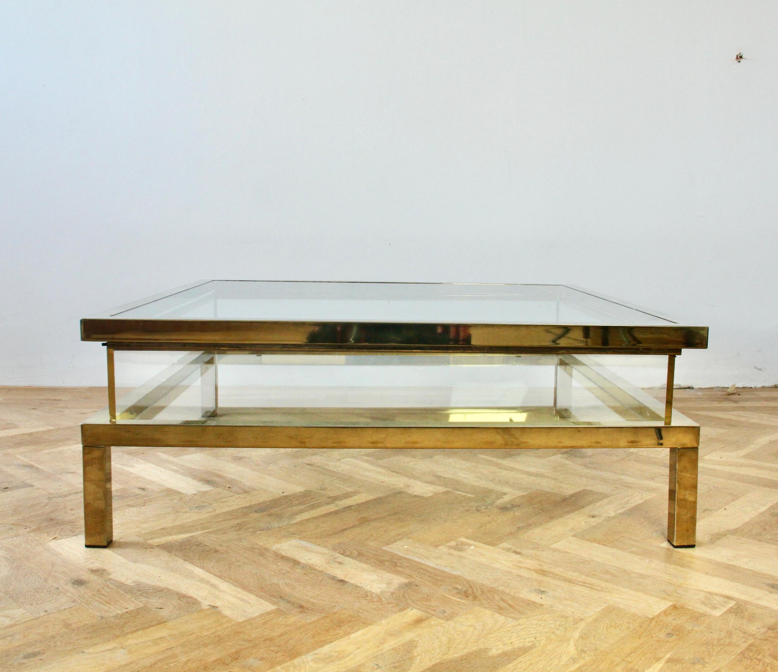 Metal Maison Jansen Attributed Large Midcentury Brass Vitrine Sliding Top Coffee Table For Sale