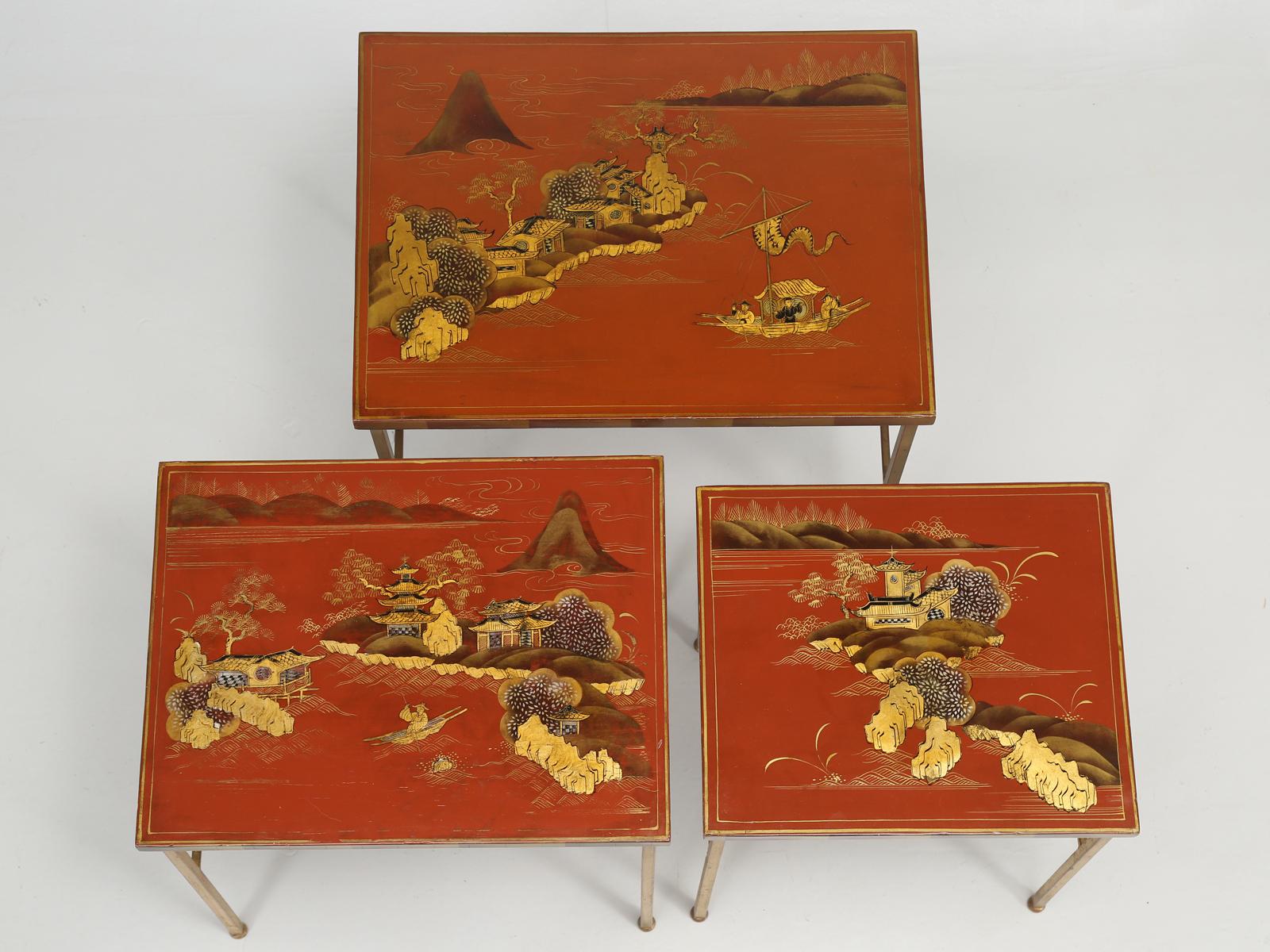 French Maison Jansen 'Attributed' Set of Three Stacking Tables Lacquered Chinese Scenes