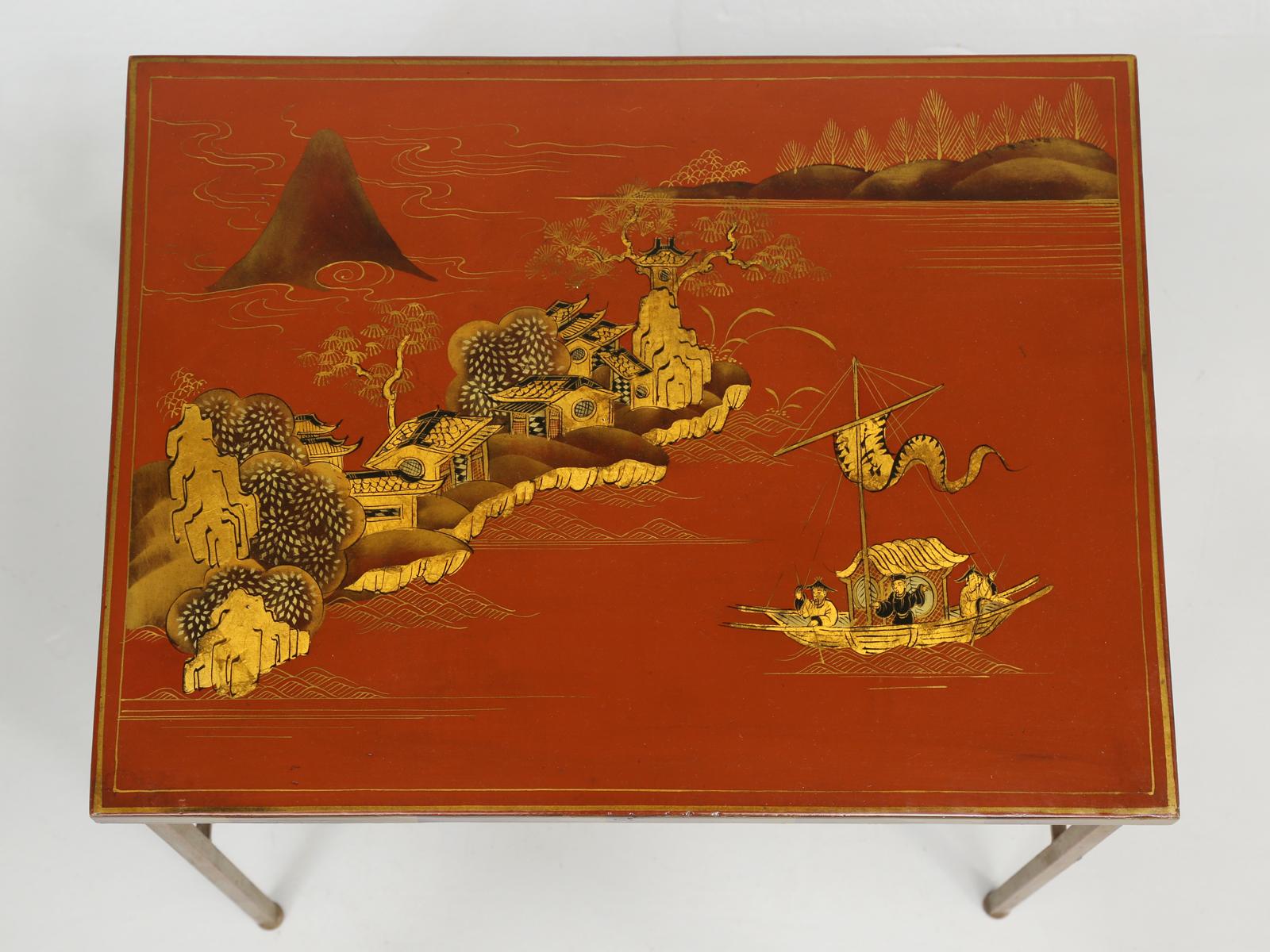 Gilt Maison Jansen 'Attributed' Set of Three Stacking Tables Lacquered Chinese Scenes