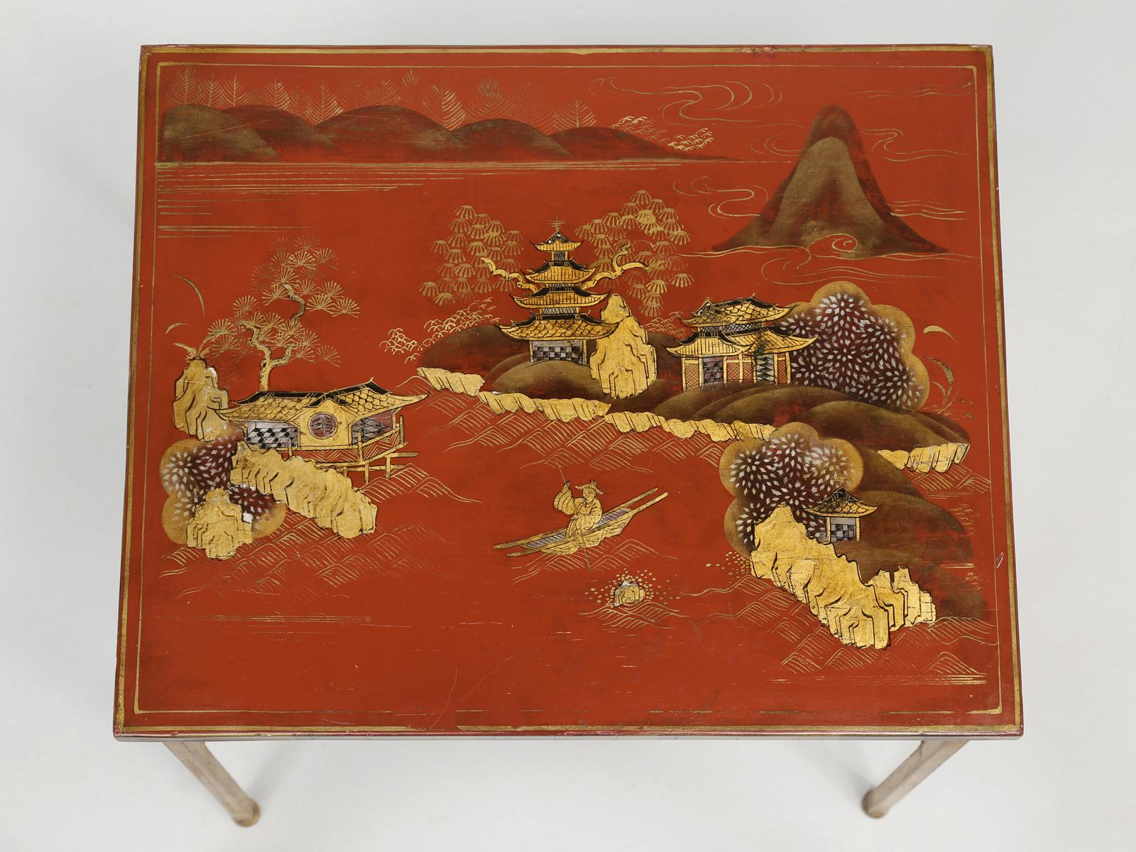 Mid-20th Century Maison Jansen 'Attributed' Set of Three Stacking Tables Lacquered Chinese Scenes