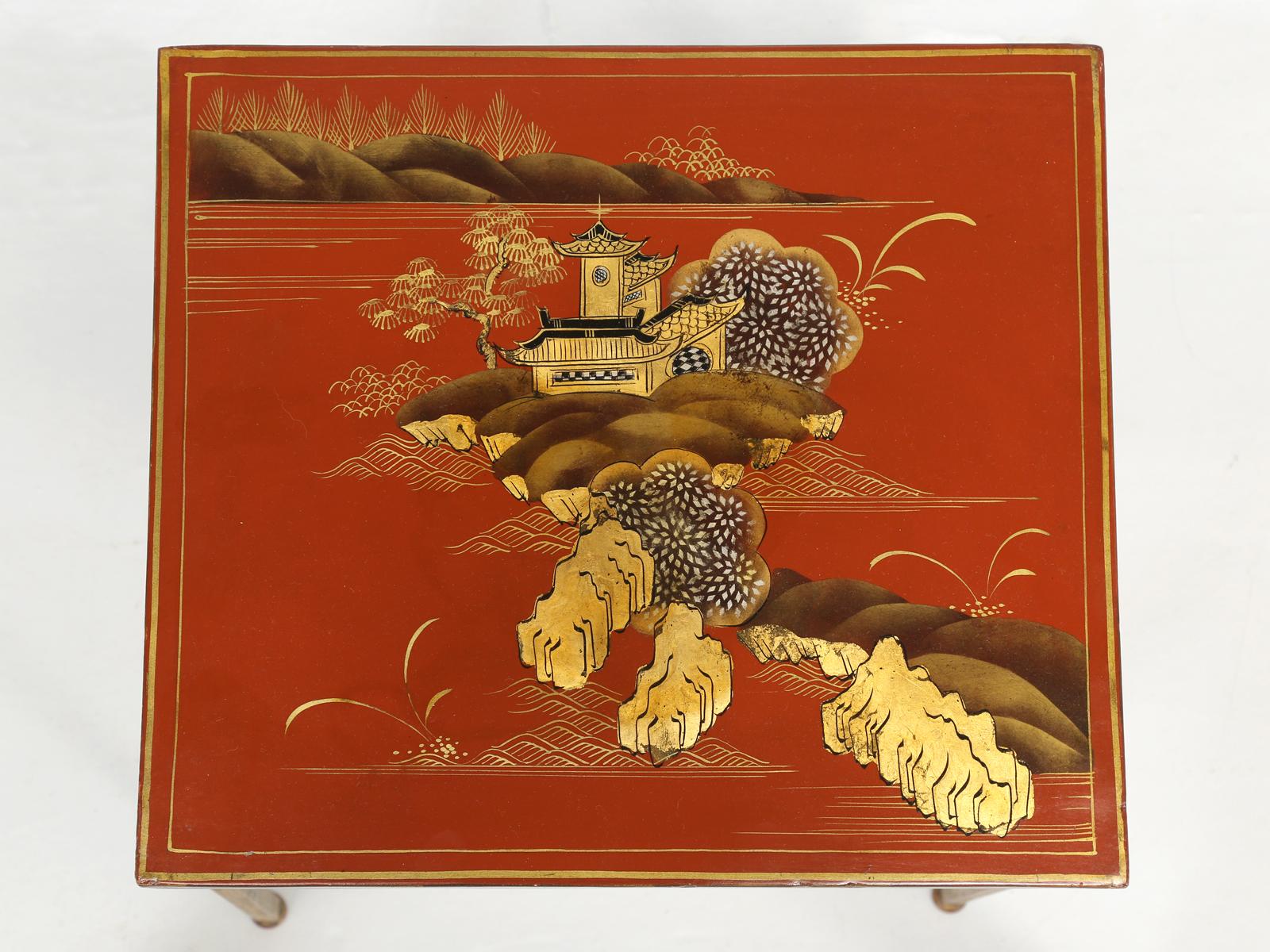 Maison Jansen 'Attributed' Set of Three Stacking Tables Lacquered Chinese Scenes 3