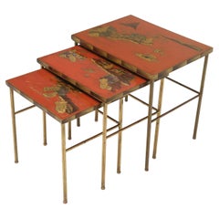 Maison Jansen 'Attributed' Set of Three Stacking Tables Lacquered Chinese Scenes