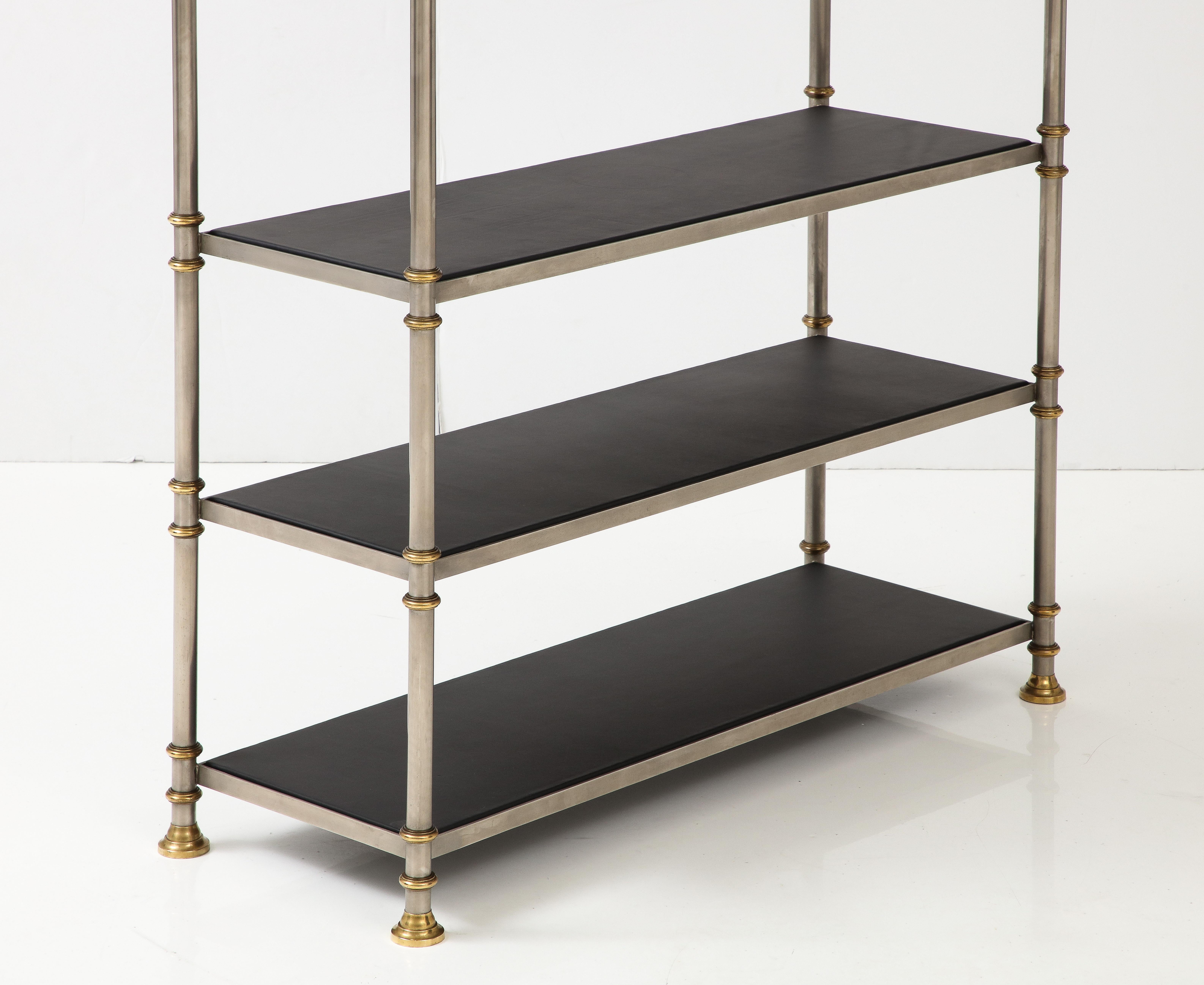 Maison Jansen Attributed Steel And Brass Etagere With Leather Shelves 6