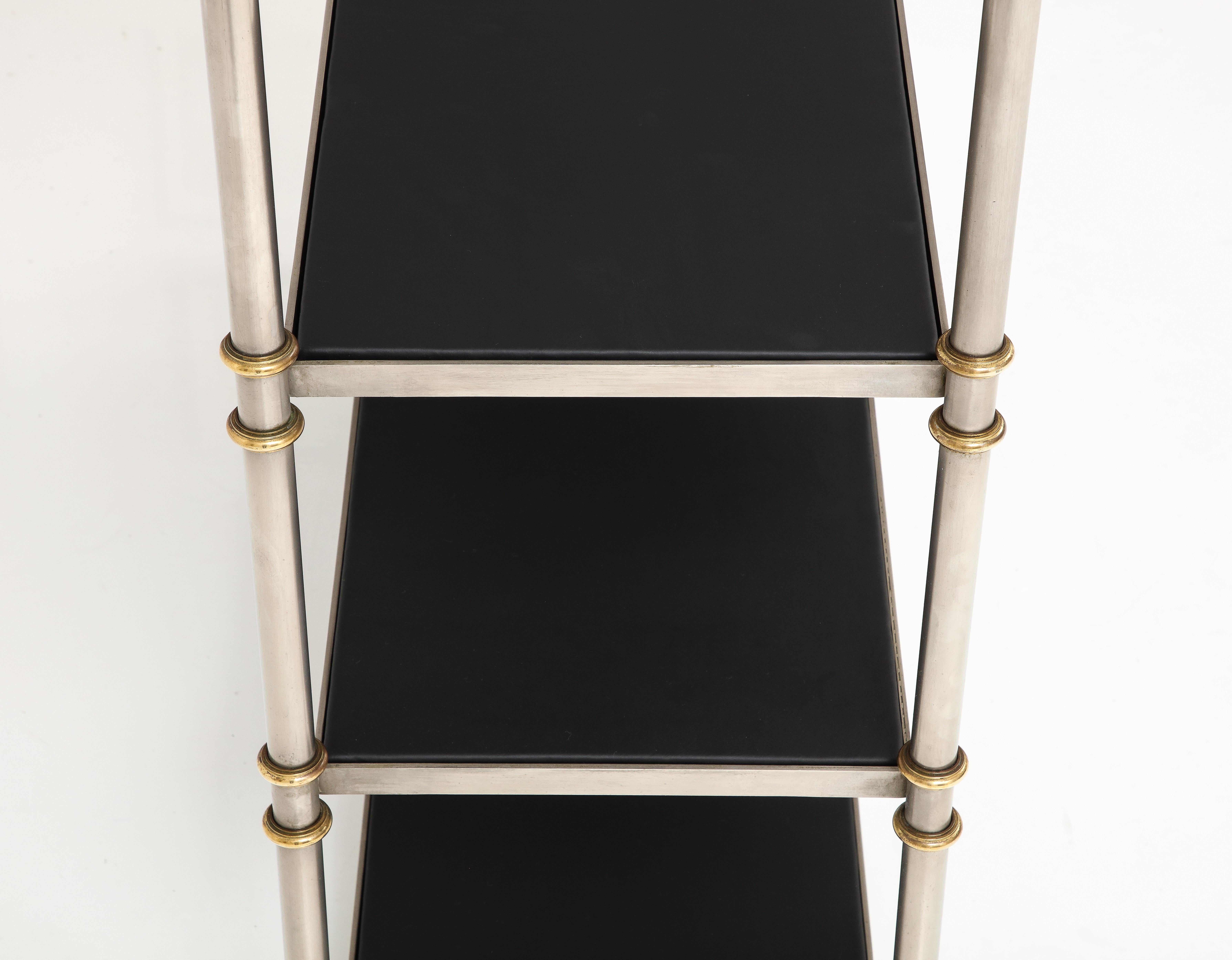 Maison Jansen Attributed Steel And Brass Etagere With Leather Shelves 7