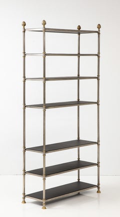 Maison Jansen Attributed Steel And Brass Etagere With Leather Shelves