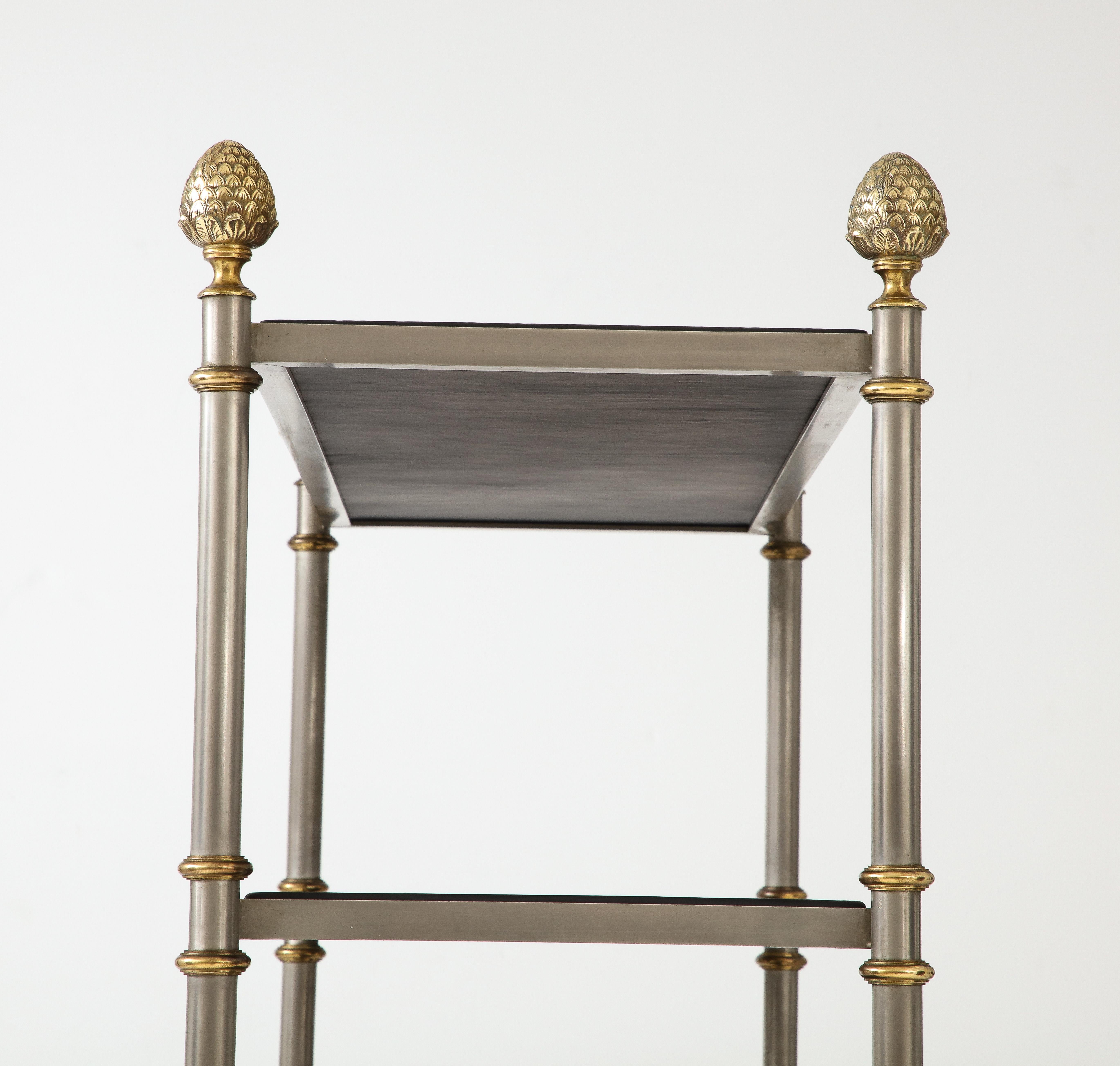 Mid-Century Modern Maison Jansen Attributed Steel And Brass Etagere With Leather Shelves