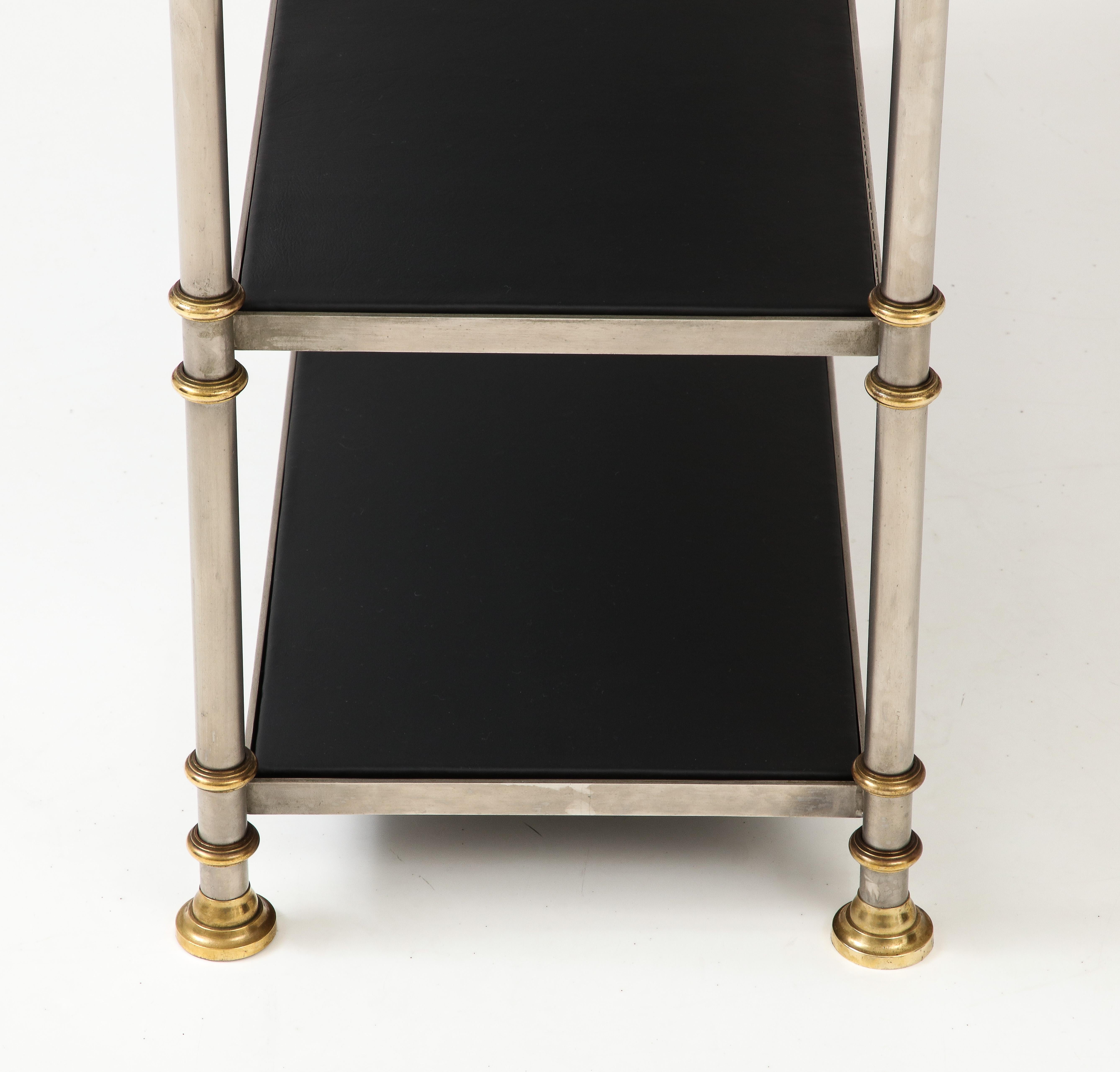 Italian Maison Jansen Attributed Steel And Brass Etagere With Leather Shelves
