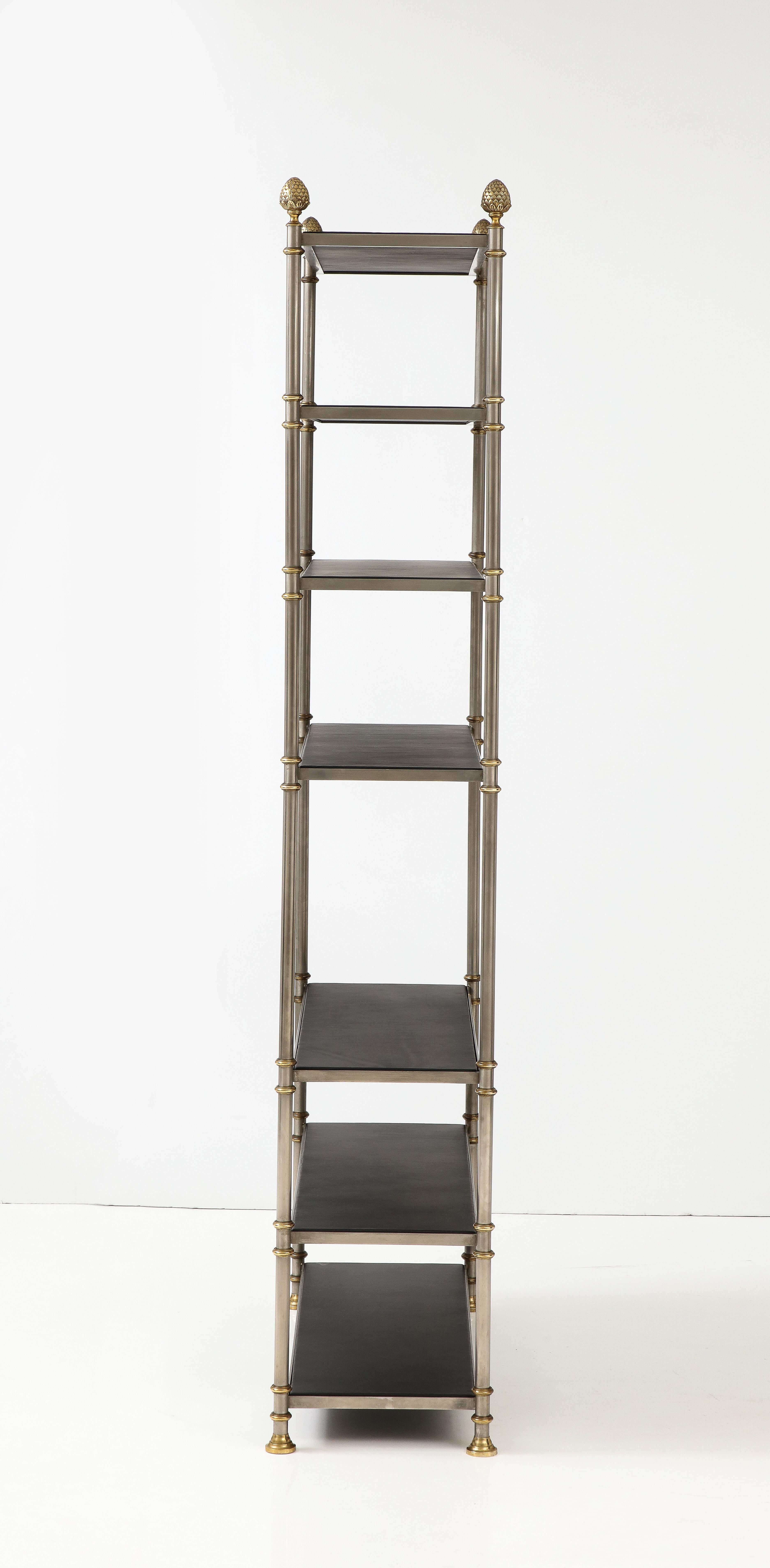 Maison Jansen Attributed Steel And Brass Etagere With Leather Shelves In Good Condition In New York, NY