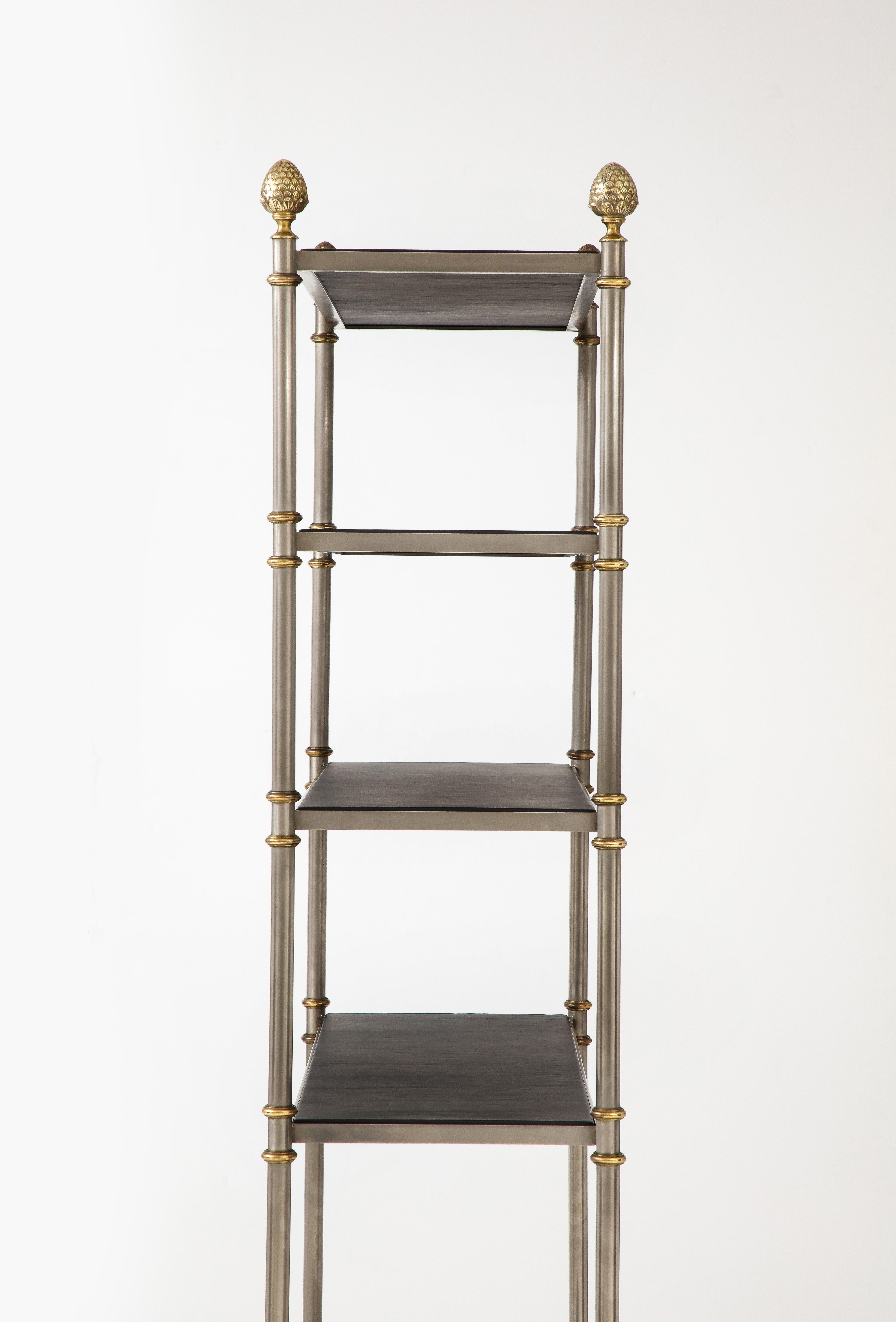 Late 20th Century Maison Jansen Attributed Steel And Brass Etagere With Leather Shelves