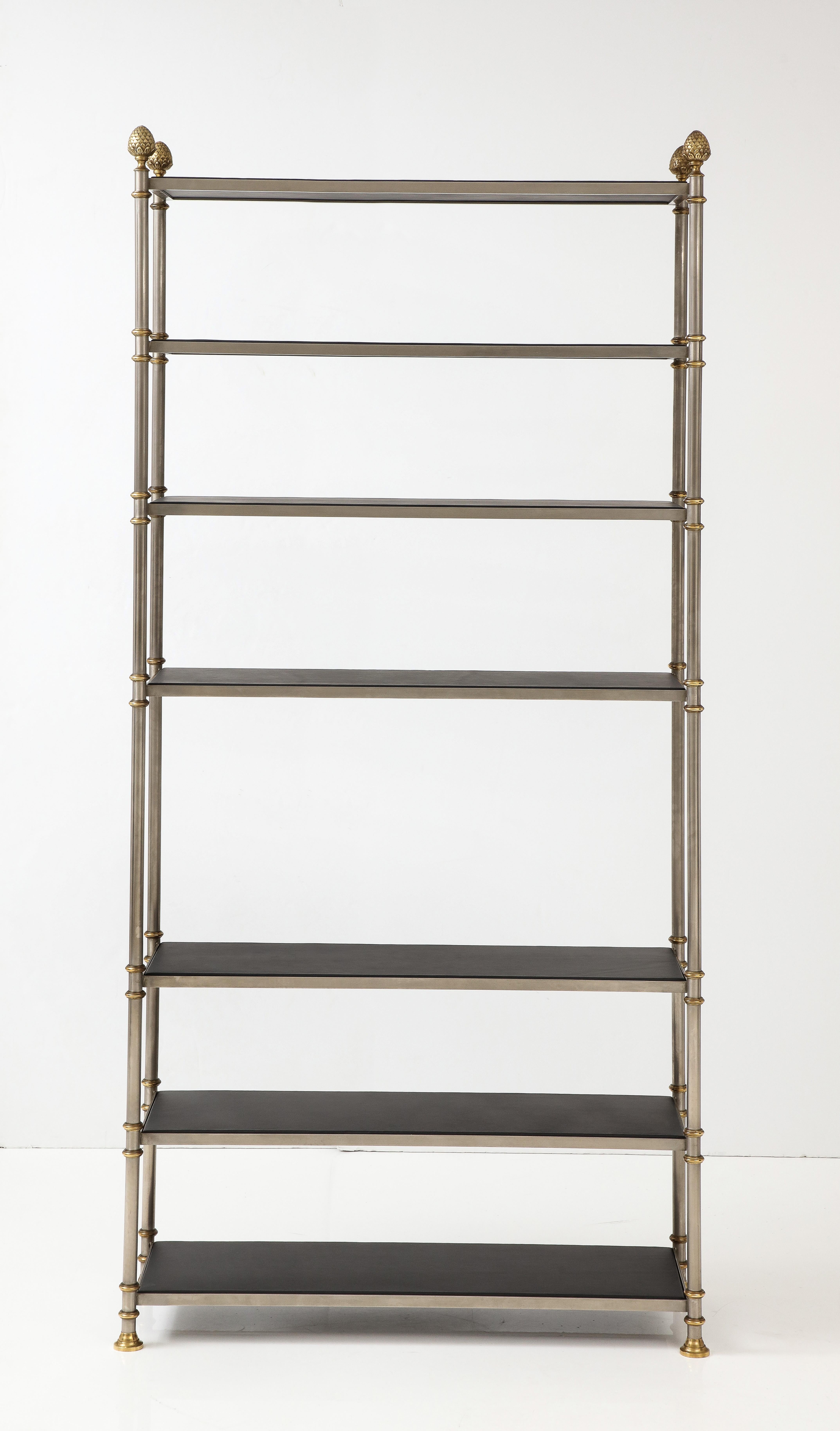 Maison Jansen Attributed Steel And Brass Etagere With Leather Shelves 1