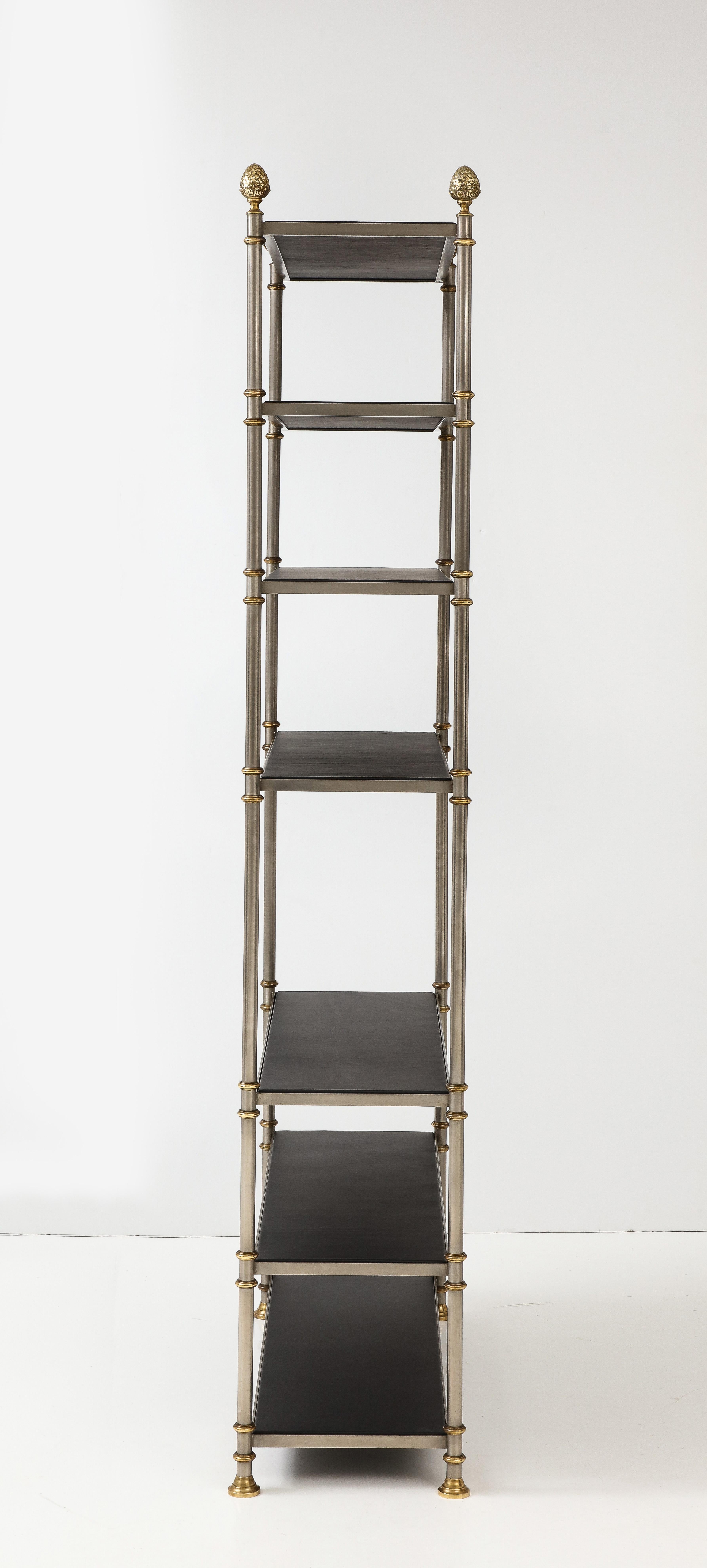 Maison Jansen Attributed Steel And Brass Etagere With Leather Shelves 2