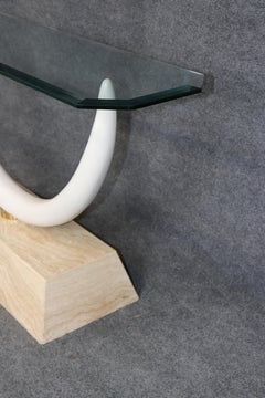 Maison Jansen Attributed Travertine Brass & Glass Tusk Style Console Table
