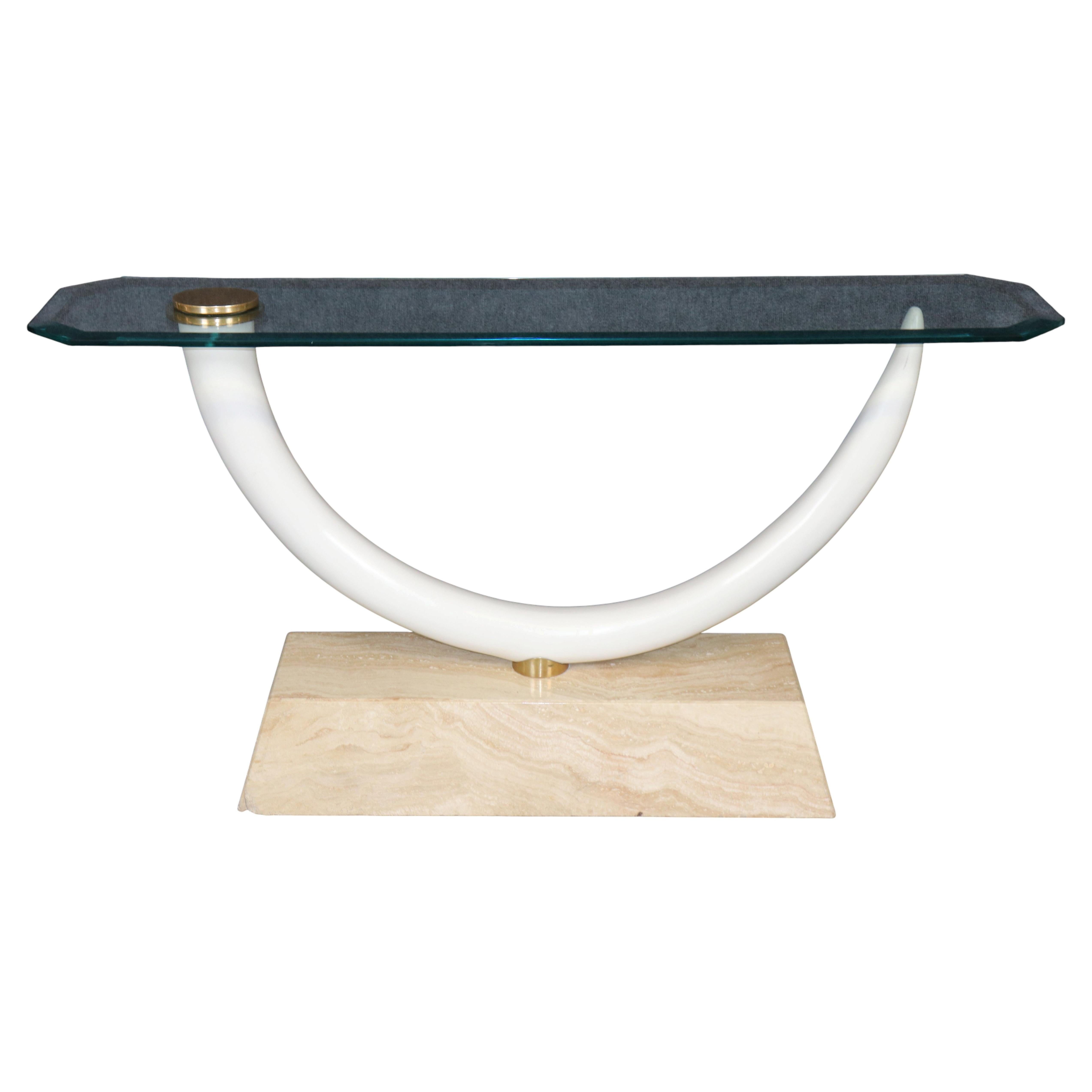 Maison Jansen Attributed Travertine Brass & Glass Tusk Style Console Table For Sale