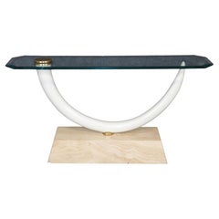 Maison Jansen Attributed Travertine Brass & Glass Tusk Style Console Table