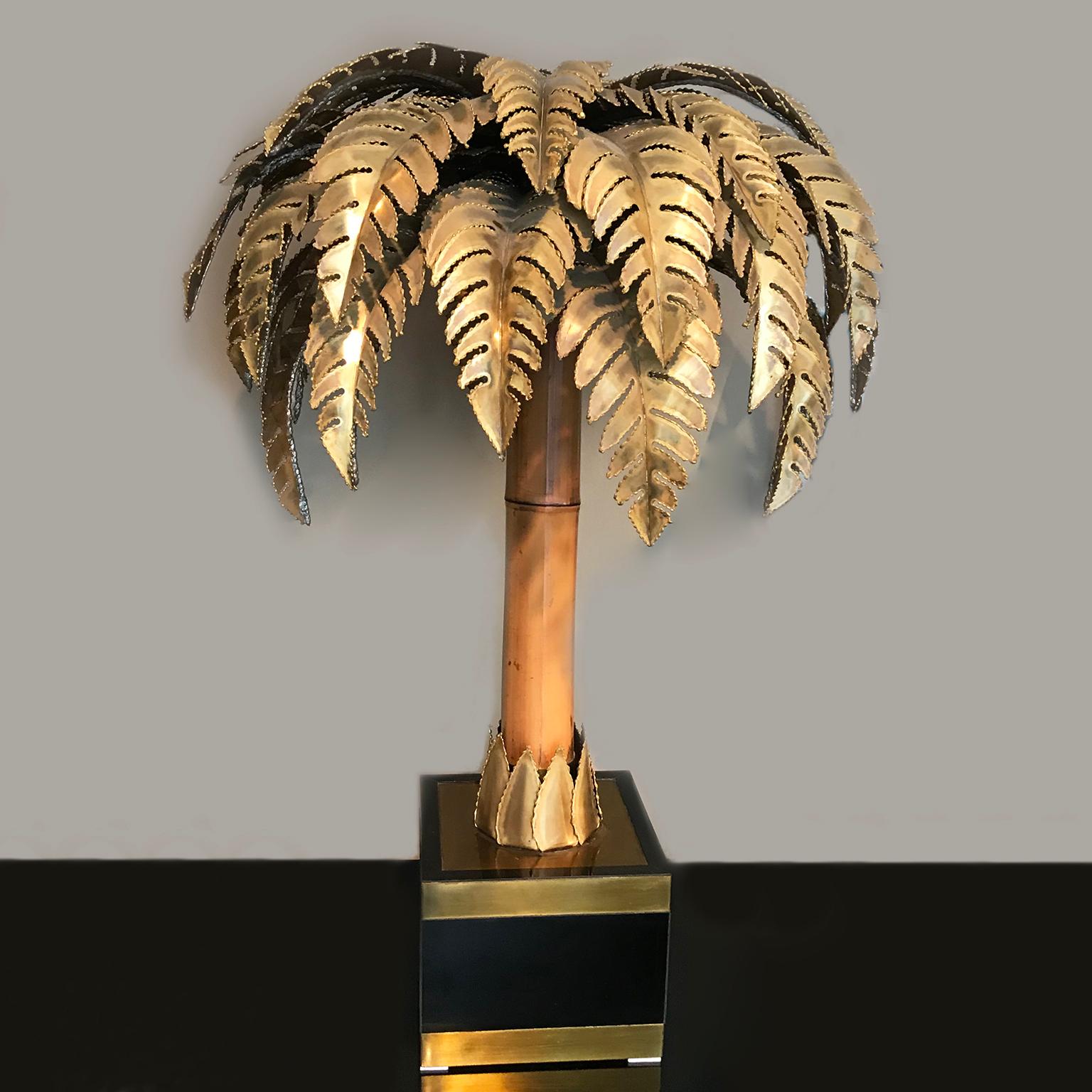 Hollywood Regency Maison Jansen Bamboo Palm Table Lamp France 1960s Set of 2