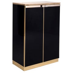 Maison Jansen Black and Brass Cabinet with Travertine Top