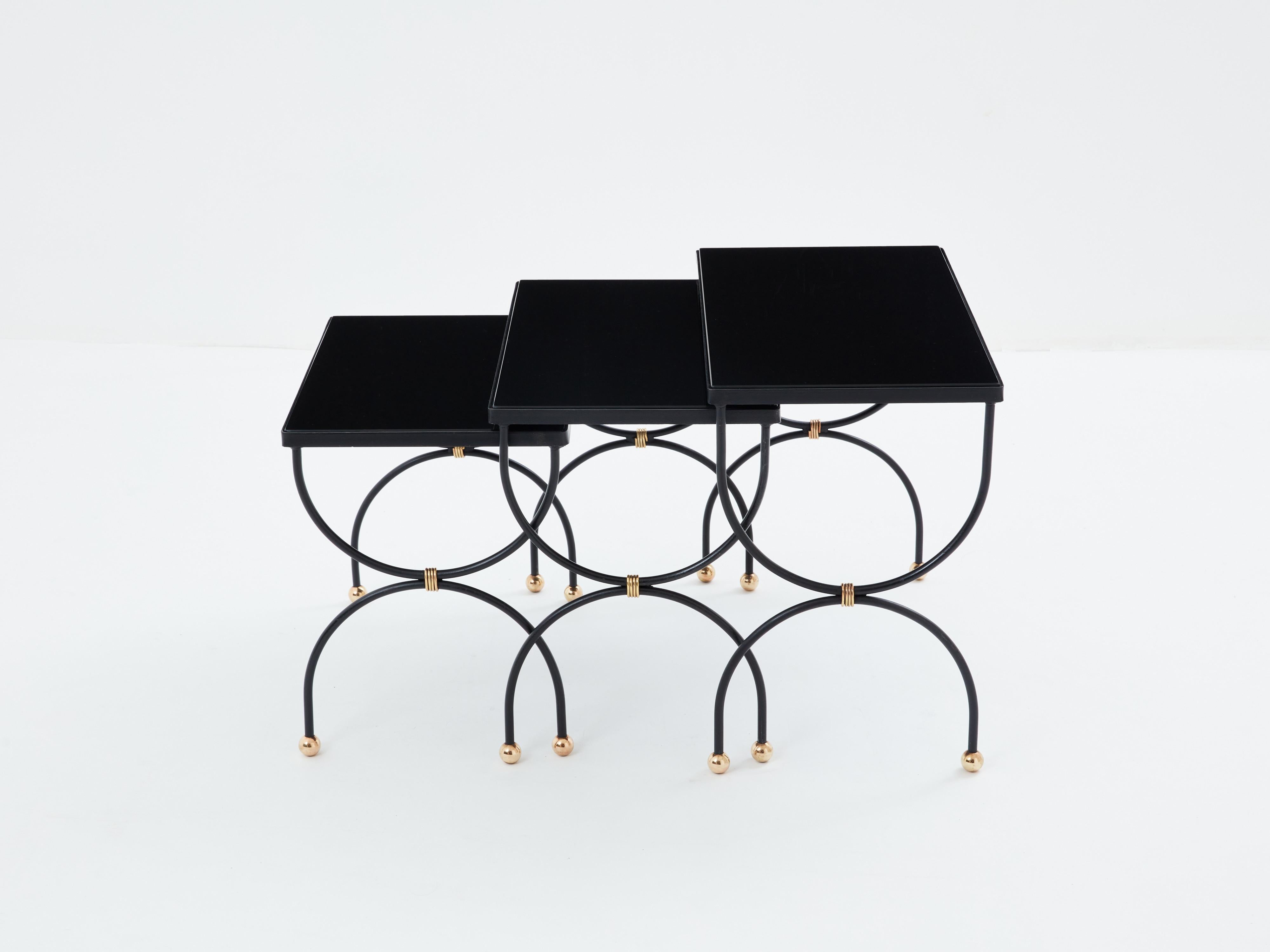 French Maison Jansen black brass opaline glass nesting tables 1960s For Sale