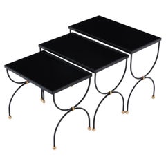 Vintage Maison Jansen black brass opaline glass nesting tables 1960s