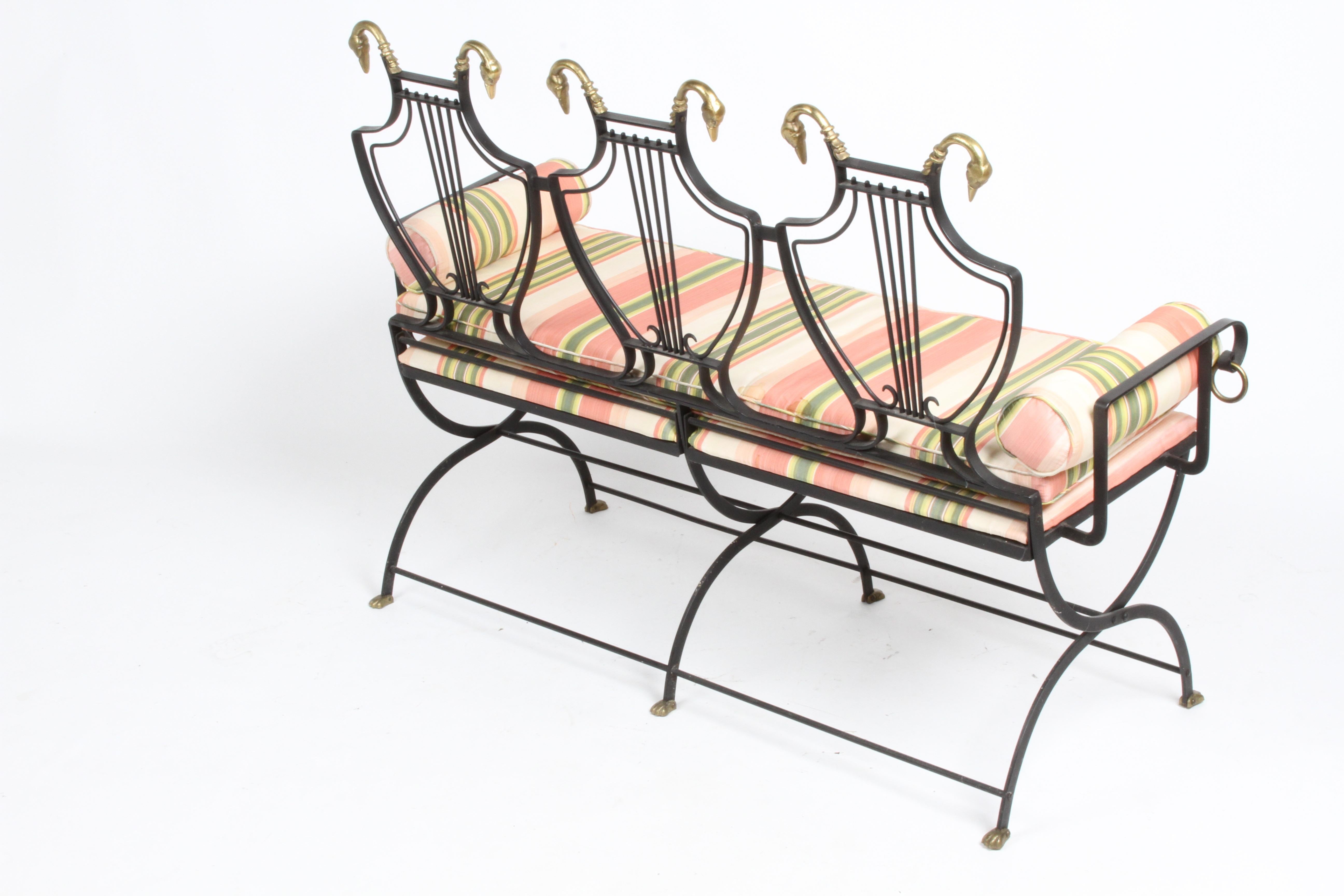 Maison Jansen Black Iron Lyre-Back Bench or Settee, Brass Swan Heads & Paw Feet For Sale 5