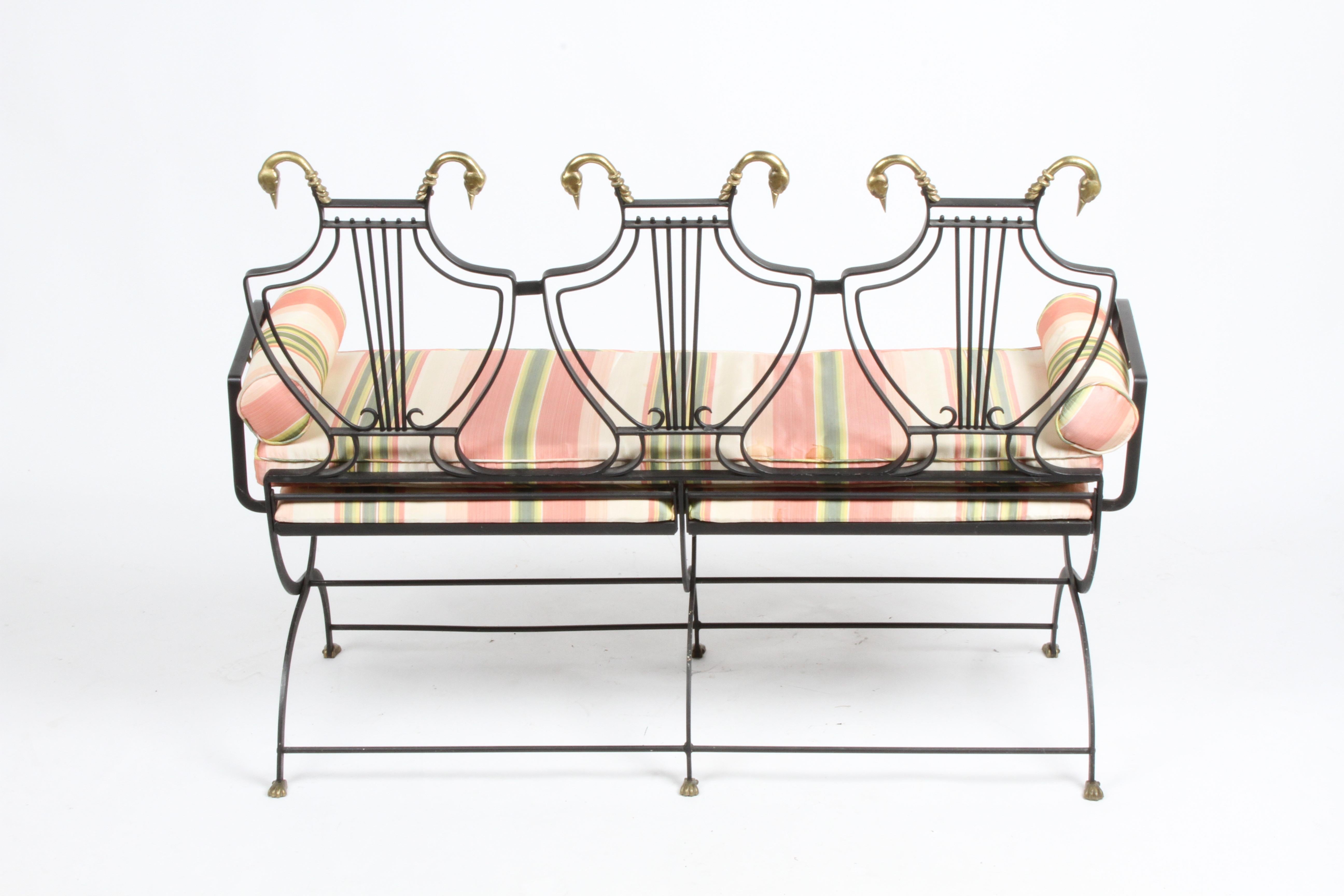 Maison Jansen Black Iron Lyre-Back Bench or Settee, Brass Swan Heads & Paw Feet For Sale 10