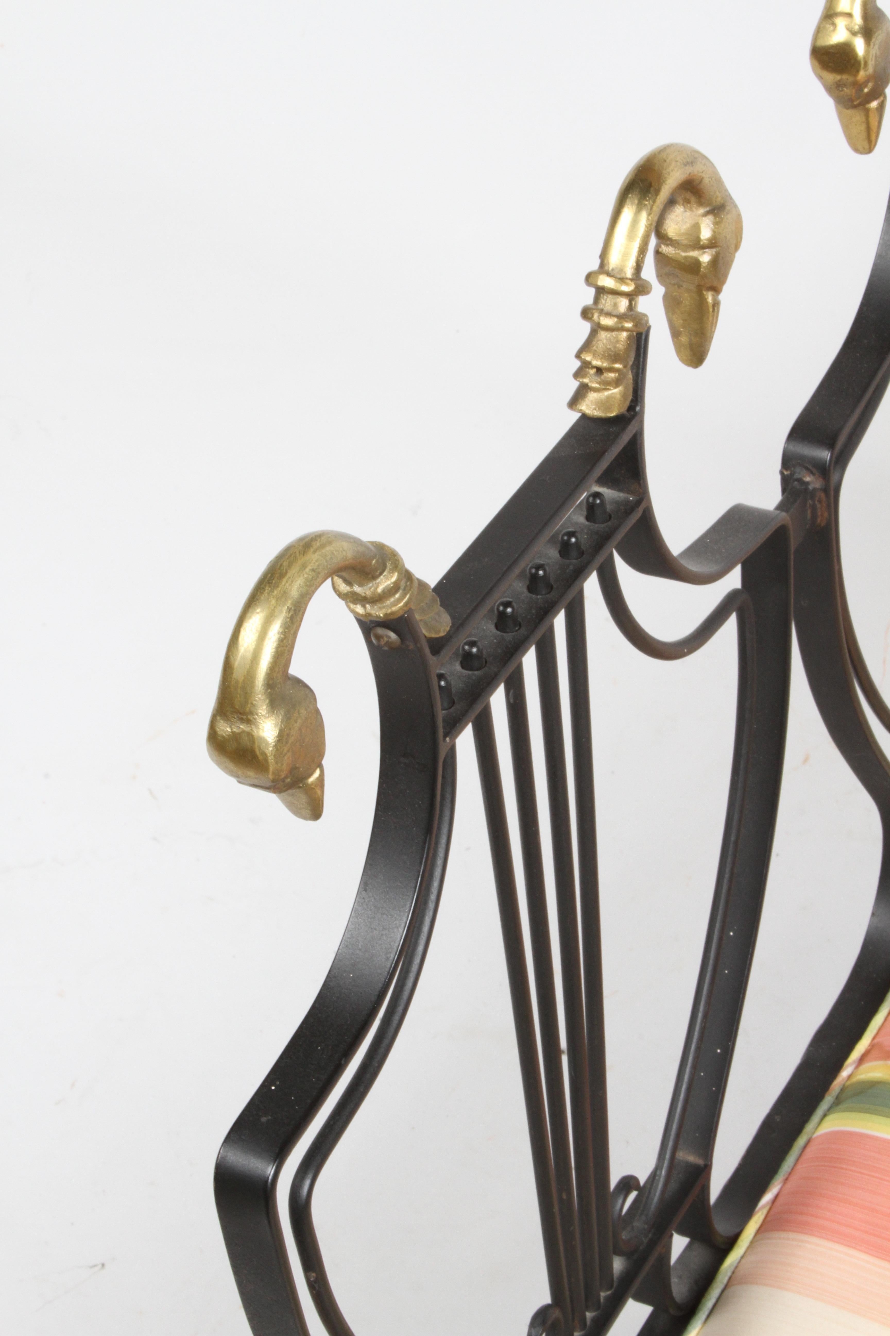Maison Jansen Black Iron Lyre-Back Bench or Settee, Brass Swan Heads & Paw Feet For Sale 13
