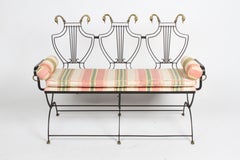 Black Iron Lyre-Back Bench or Settee, Brass Swan Heads & Paw Feet