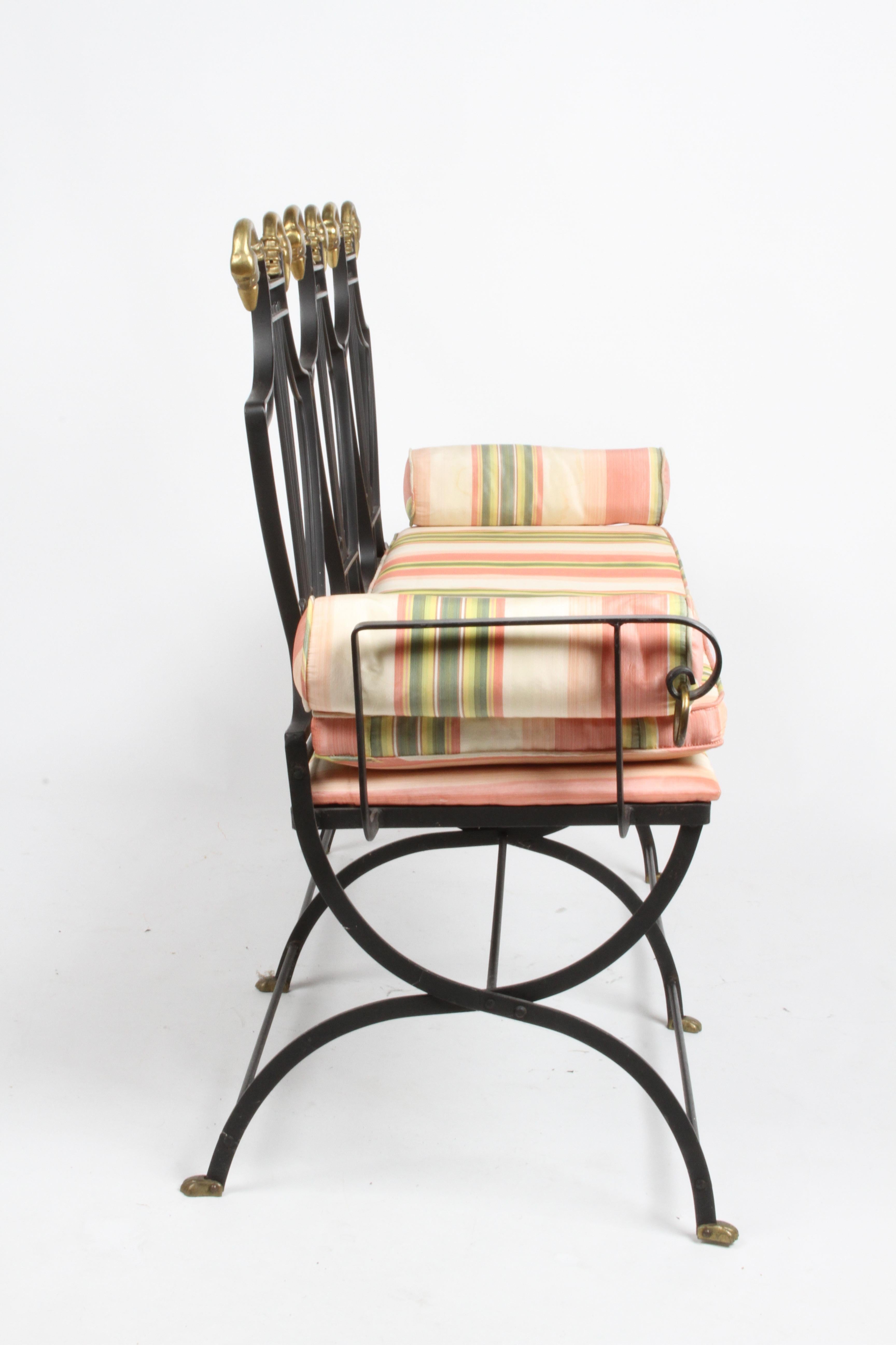 Mid-20th Century Maison Jansen Black Iron Lyre-Back Bench or Settee, Brass Swan Heads & Paw Feet For Sale