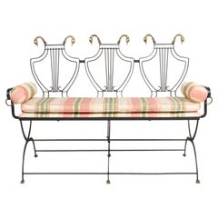 Retro Maison Jansen Black Iron Lyre-Back Bench or Settee, Brass Swan Heads & Paw Feet