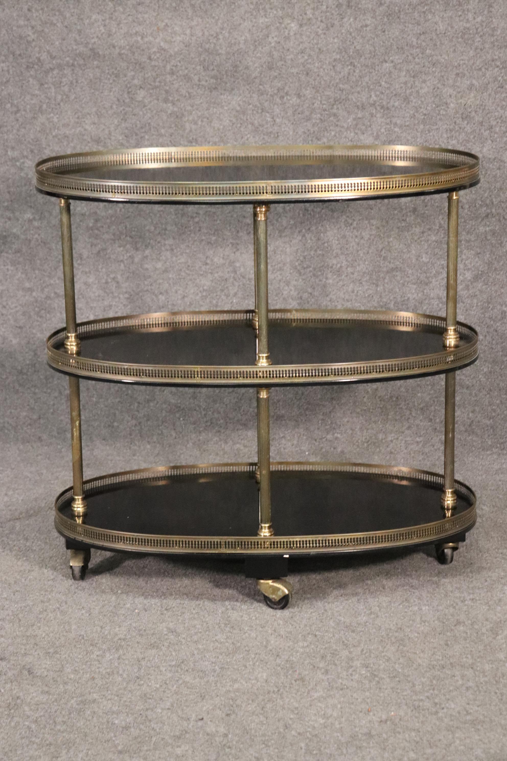 Maison Jansen Black Lacquer and Brass Gallery Dessert Liquor Tea Trolley Cart  In Good Condition In Swedesboro, NJ