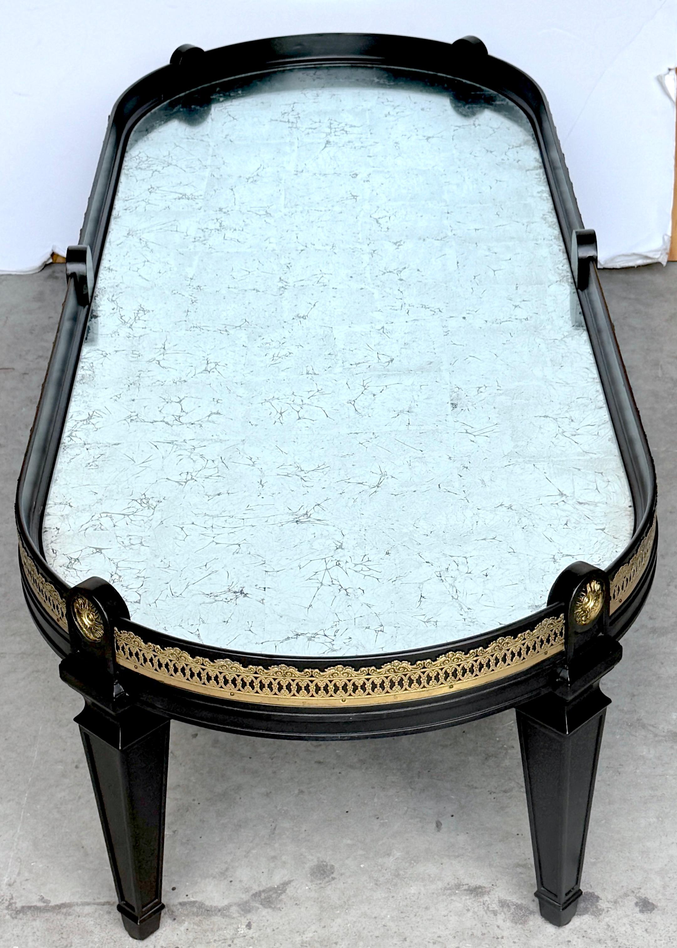 Maison Jansen Laque noire, bronze et miroir Surtout de Table Table basse Bon état - En vente à West Palm Beach, FL