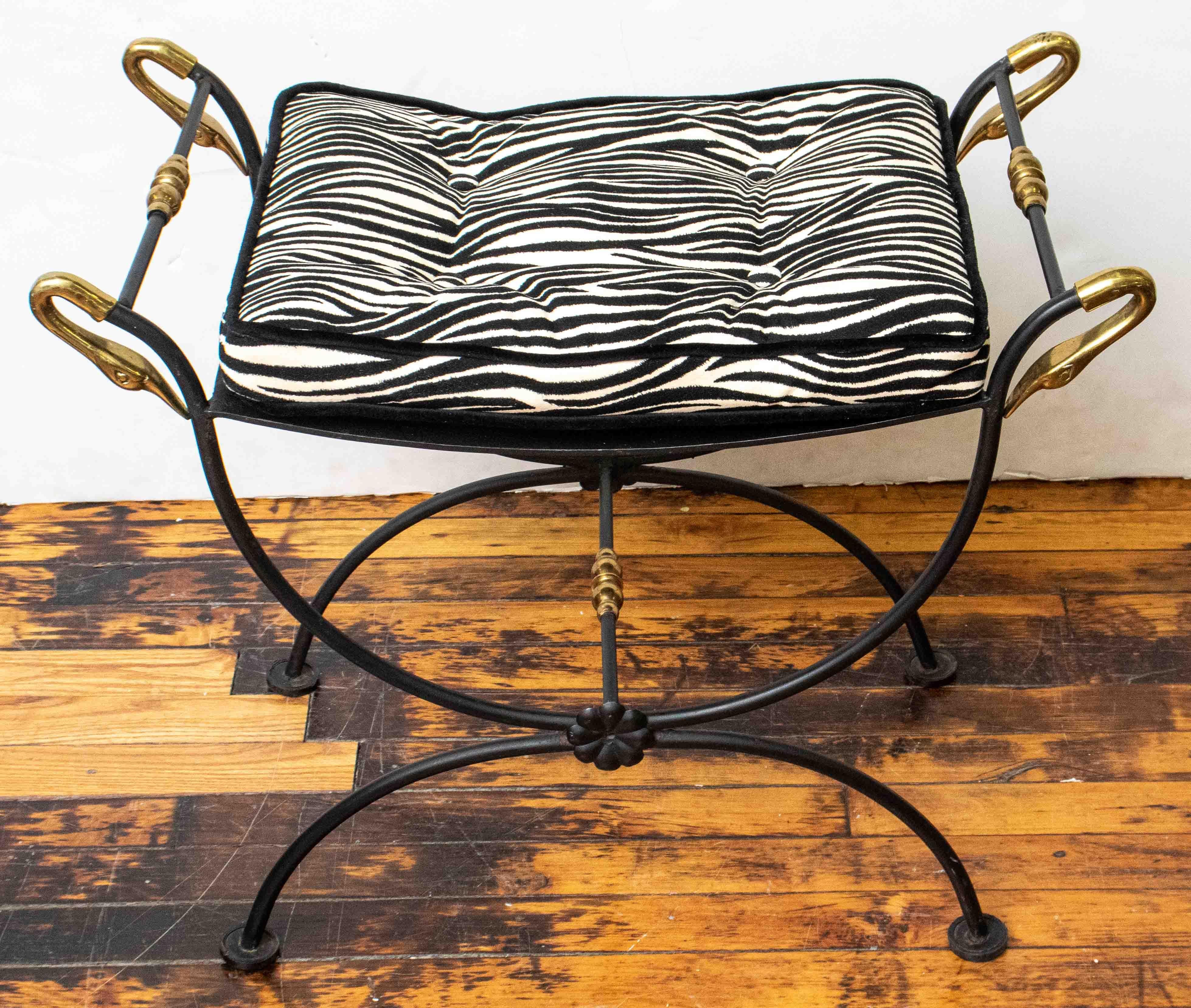 French Maison Jansen Black Metal Bench with Zebra Upholstery 