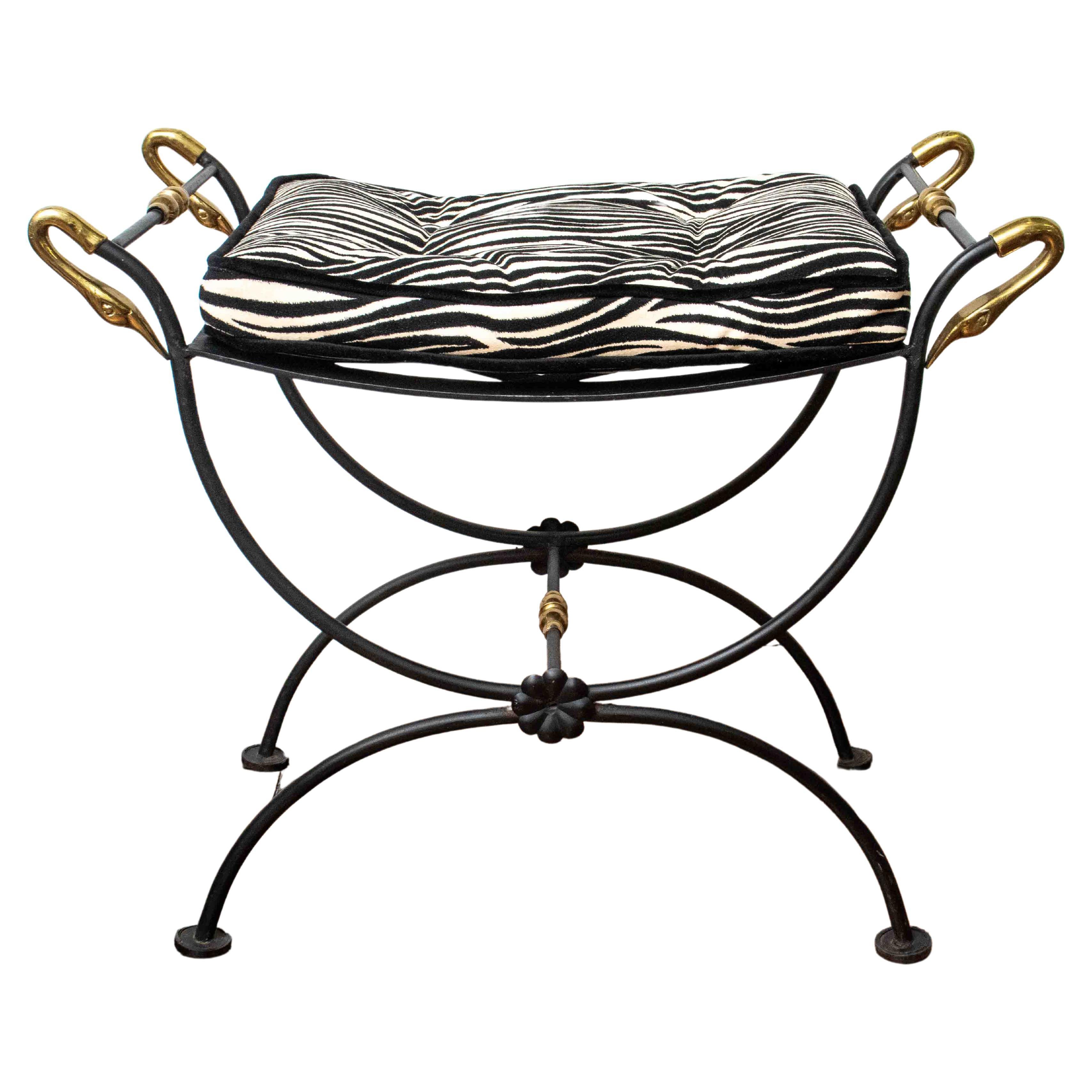 Maison Jansen Black Metal Bench with Zebra Upholstery 