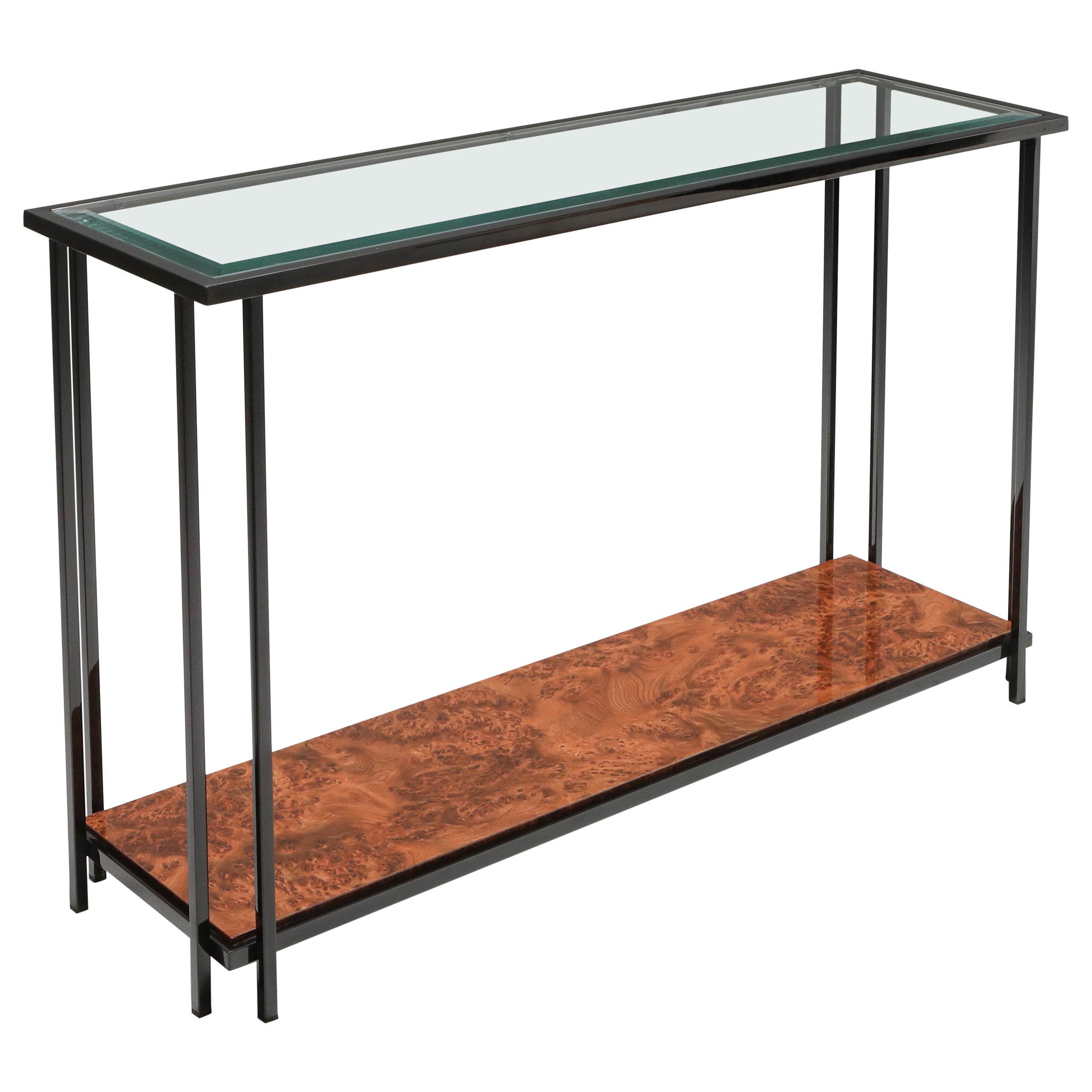 Mesa consola de dos niveles de metal negro Maison Jansen, años 80 en venta