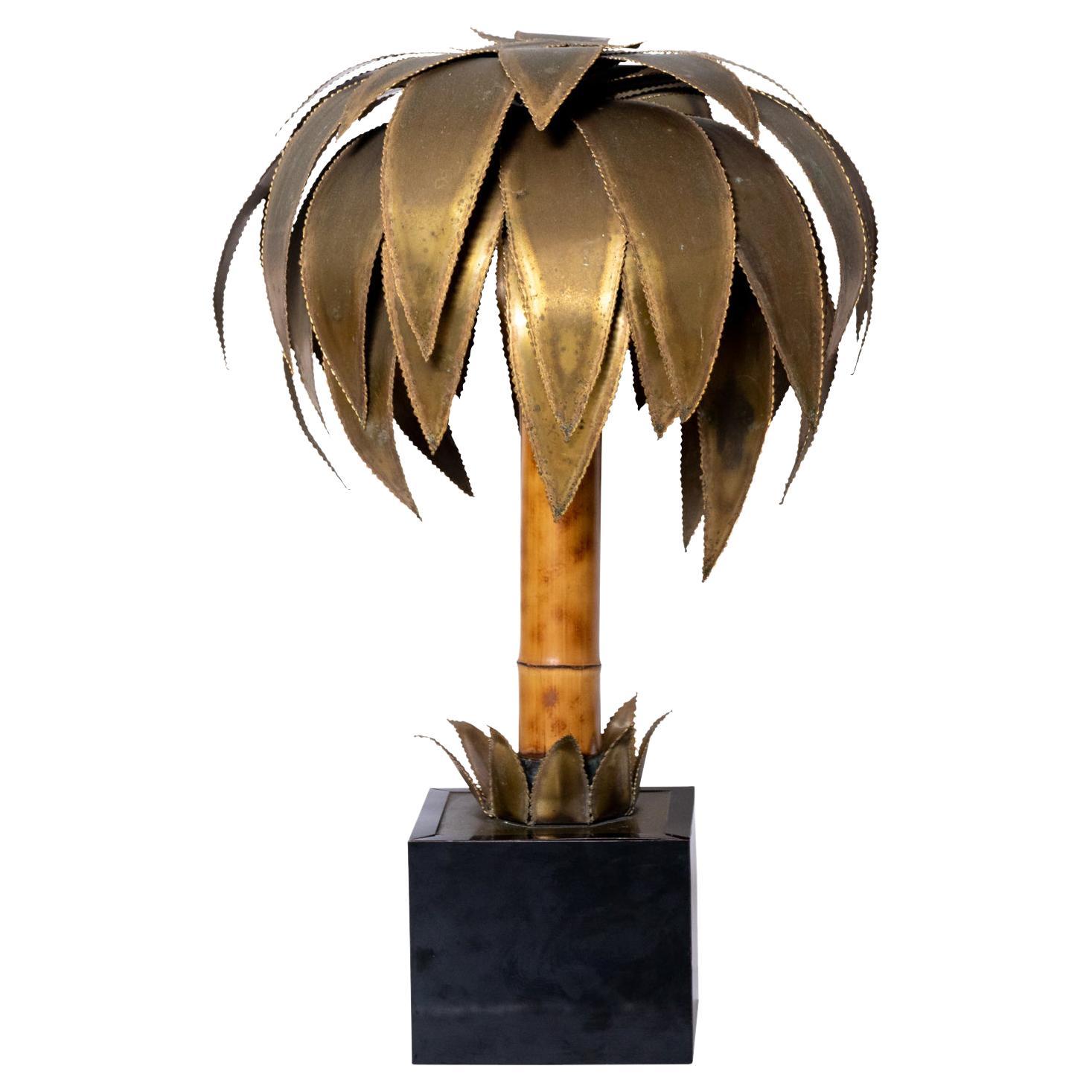 Maison Jansen Brass and Bamboo Palm Tree Lamp For Sale